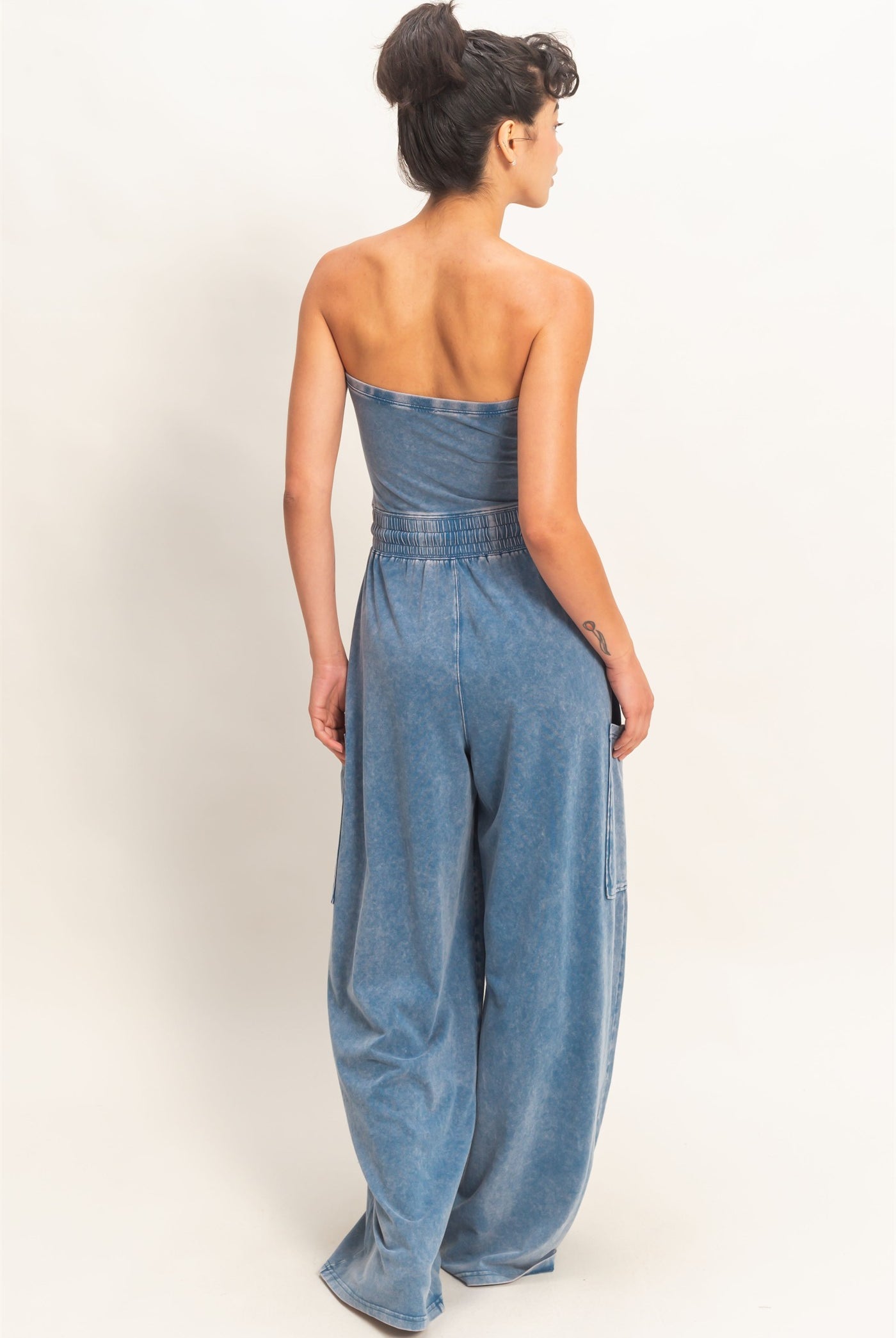 Wholesale Mineral Wash Strapless Wide-Leg Jumpsuit Clothing DZ26C376 NAVY DOUBLE ZERO