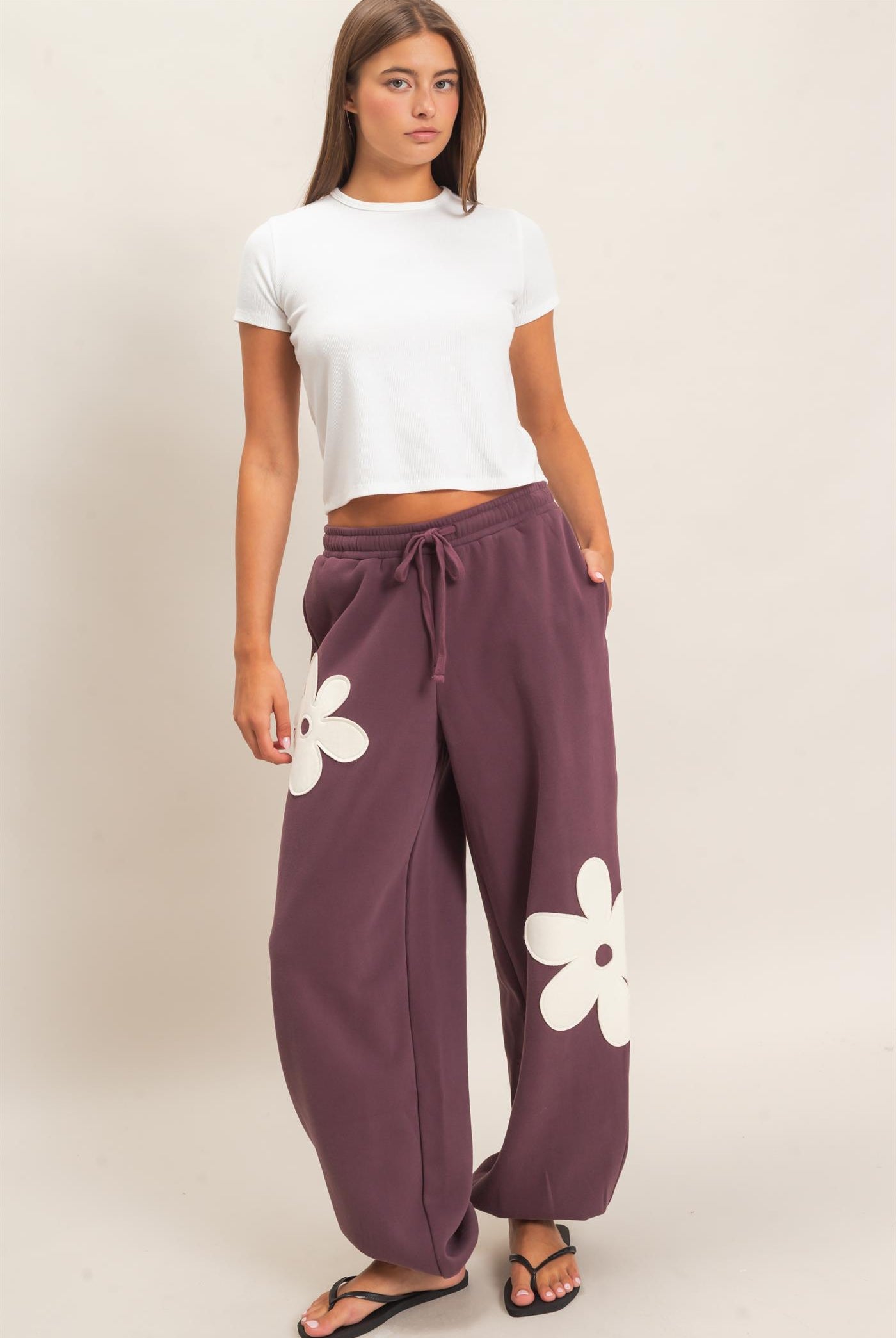 Wholesale Floral Applique Drawstring Jogger Pants Joggers DZ26F308 COCOA DOUBLE ZERO