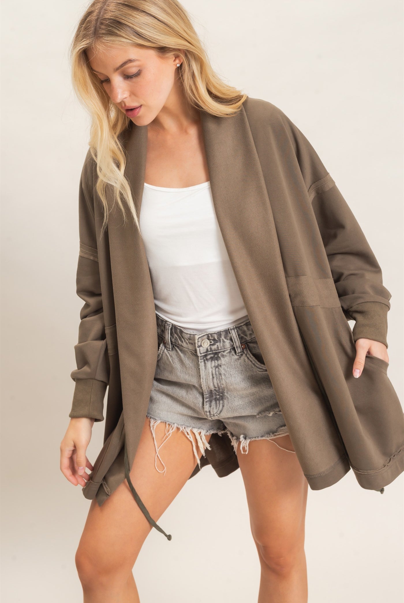 Wholesale Open Front Tie Waist Cardigan Cardigans HF26C778 OLIVE HYFVE