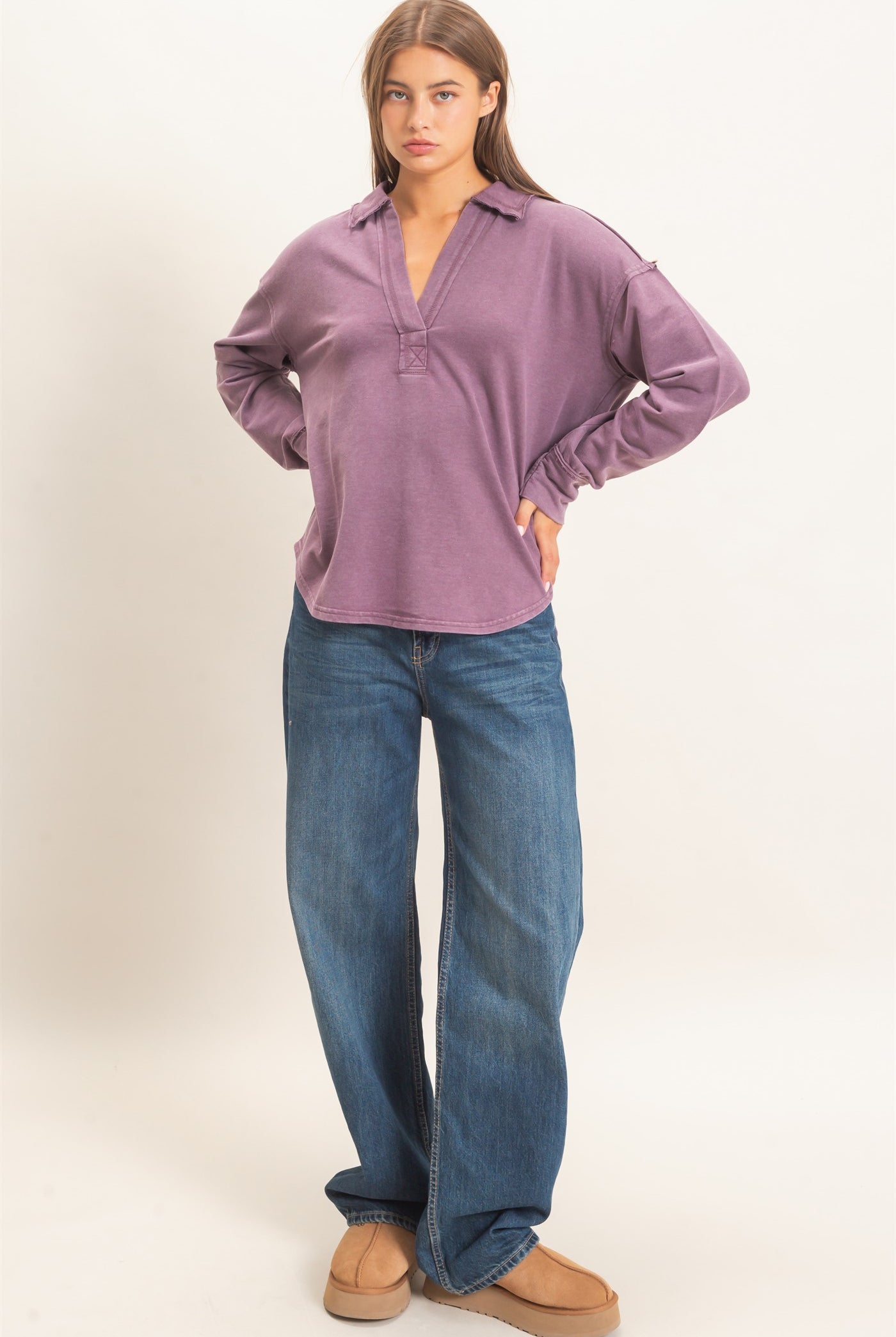 Wholesale Mineral Washed Polo Collar Long Sleeve Top Polos DZ26E887 DARK CHERRY DOUBLE ZERO
