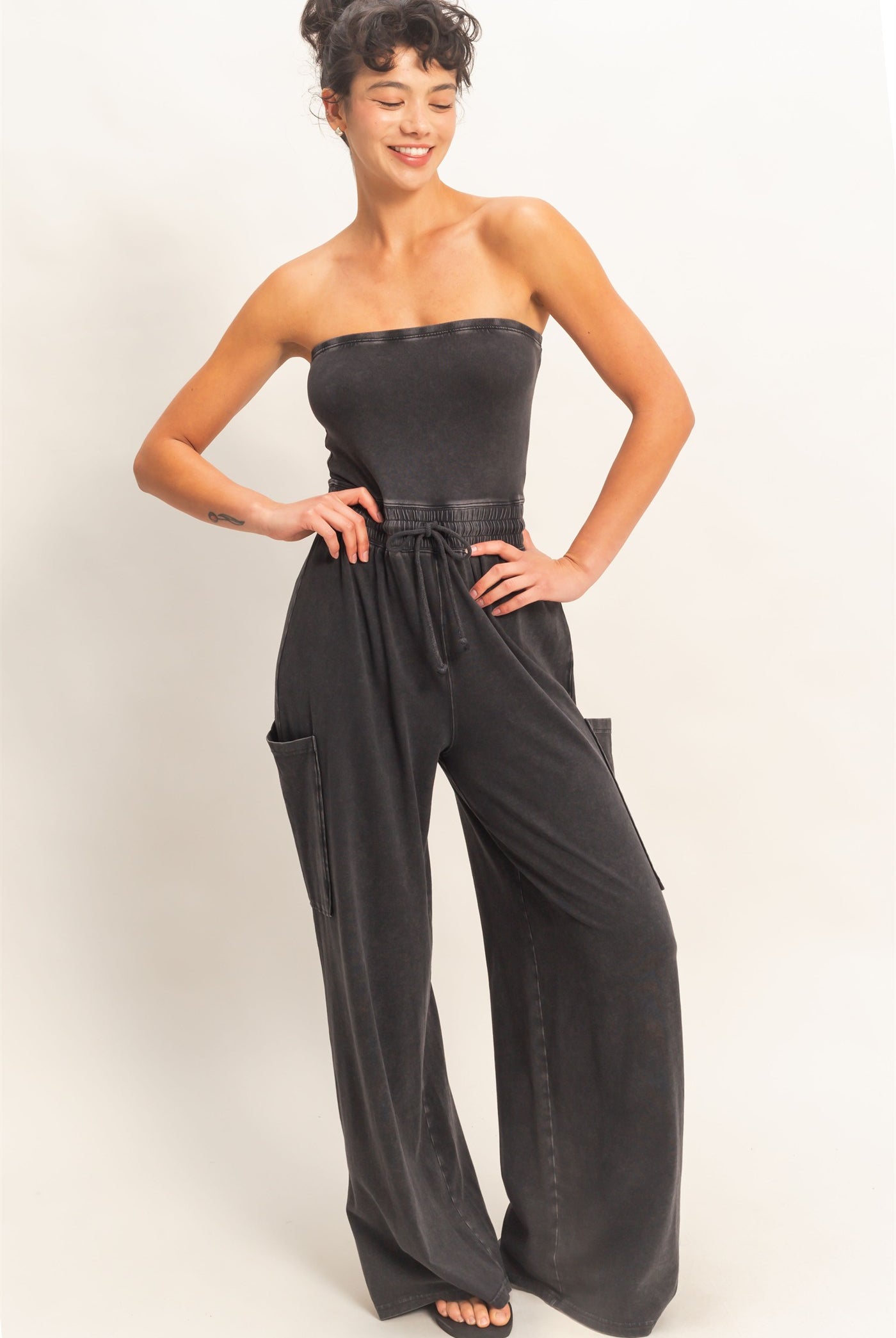 Wholesale Mineral Wash Strapless Wide-Leg Jumpsuit Clothing DZ26C376 BLACK DOUBLE ZERO