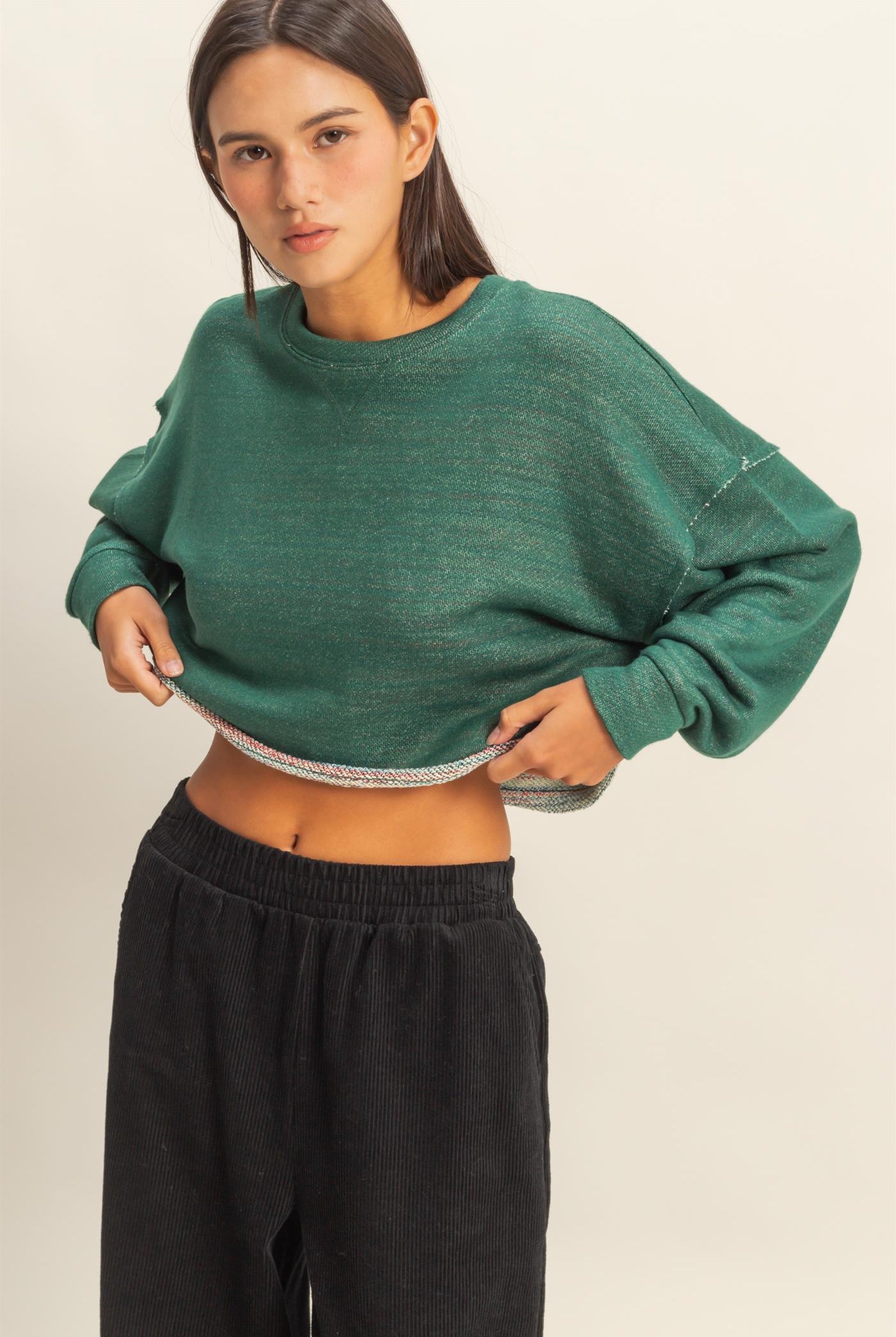 Wholesale Drop-Shoulder Cropped Top Clothing Tops DZ22G906 HUNTER GREEN DOUBLE ZERO