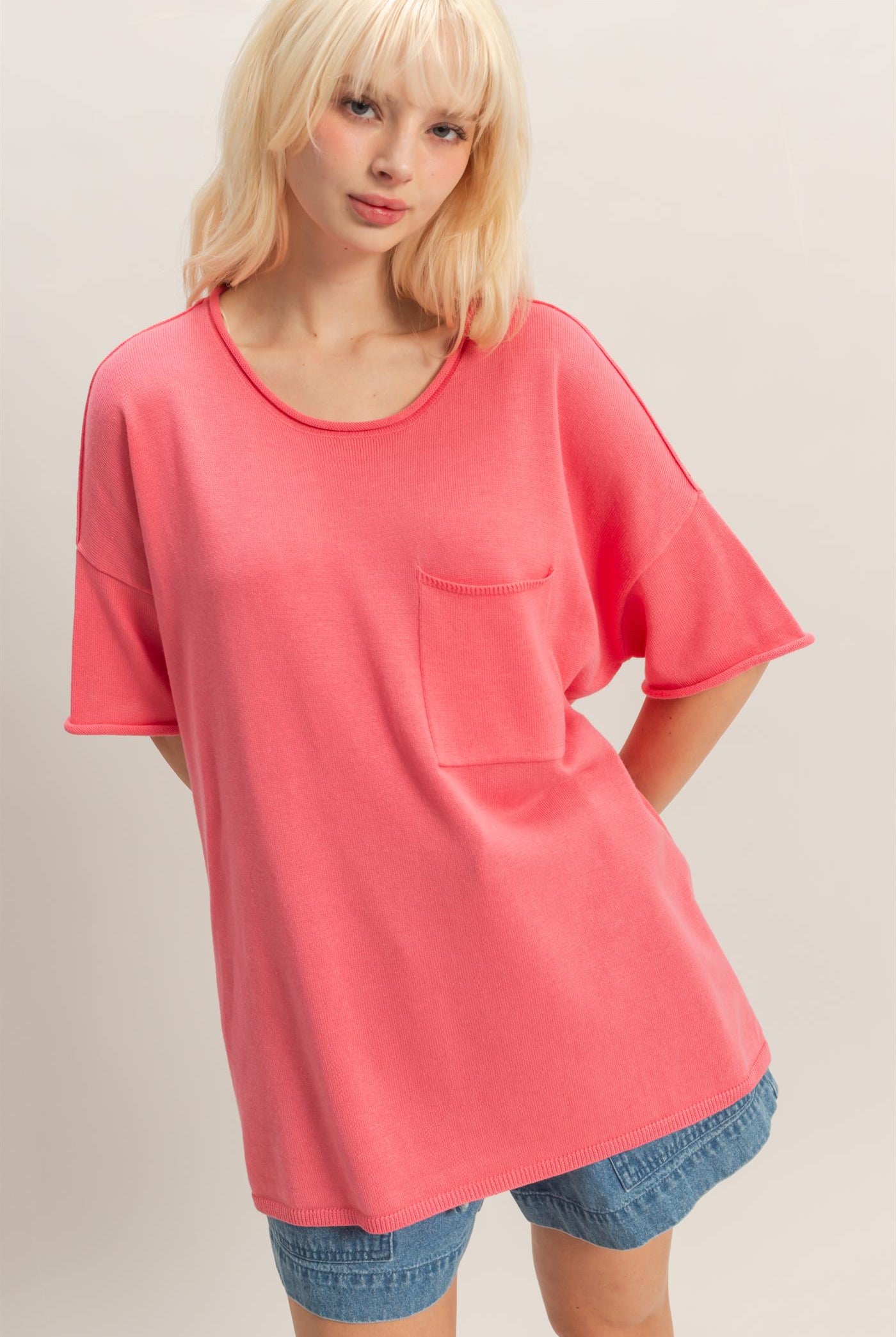 Wholesale Oversized Short Sleeve Round Neck Pocket Knit Top Clothing Tops DZ26A691 TAFFY PINK DOUBLE ZERO