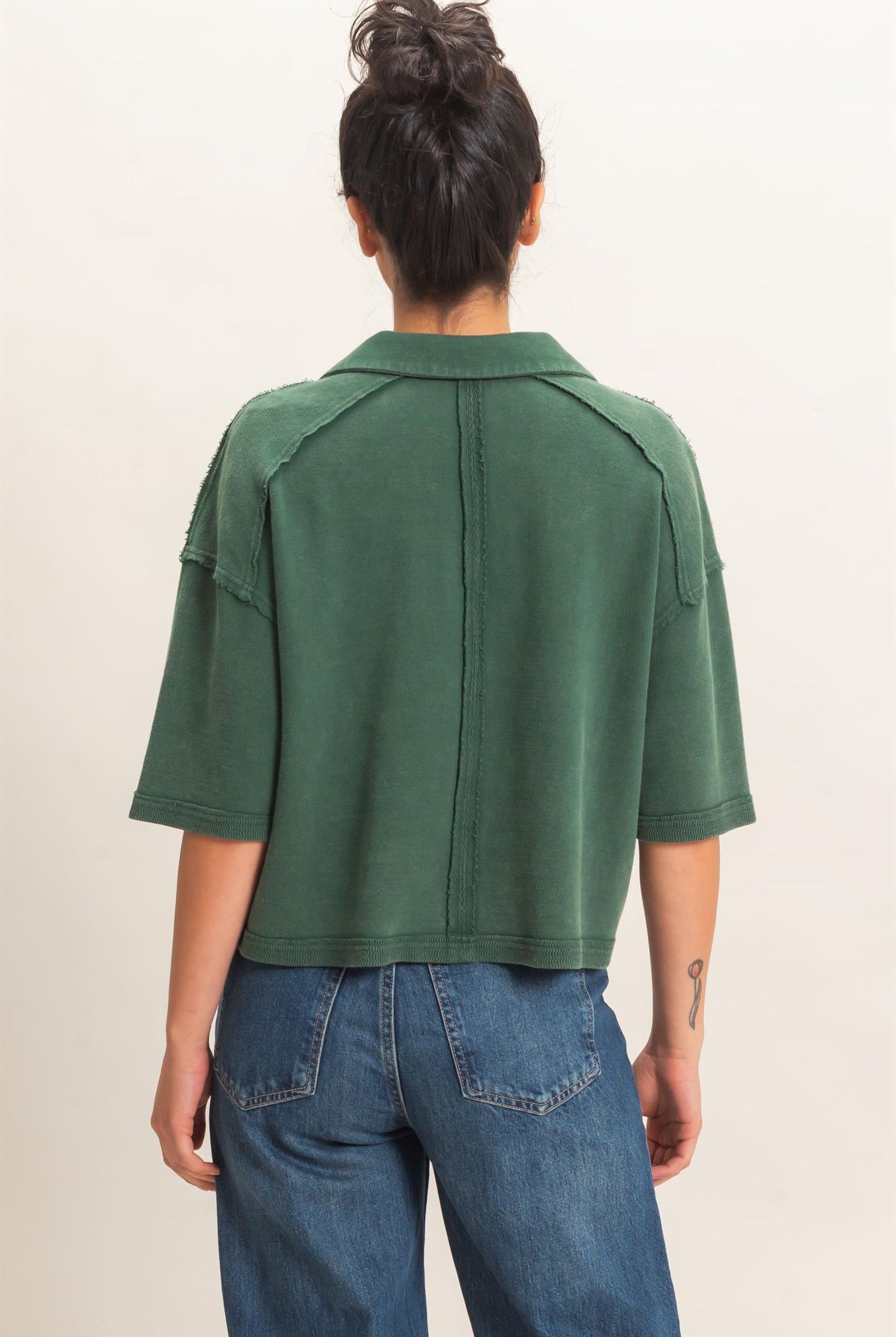 Wholesale Mineral Wash Oversized Collar Short Sleeve Top Clothing Tops DZ26E813 DARK GREEN DOUBLE ZERO