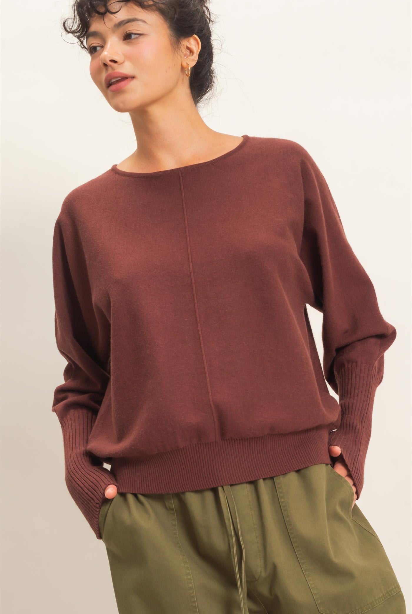 Wholesale Batwing Sleeve Center Seam Sweater Sweaters DZ26E079 DARK BROWN DOUBLE ZERO