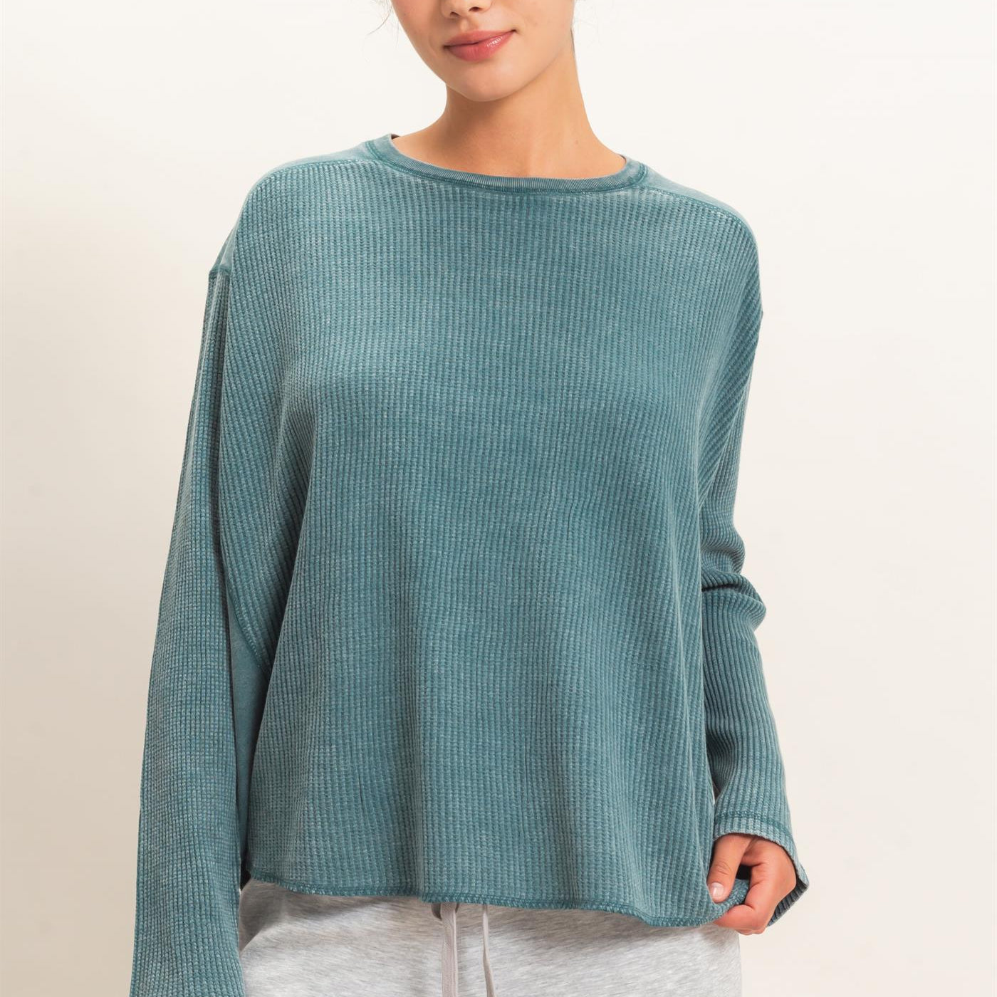 Wholesale Oversized Mineral Washed Waffle Knit Top Clothing Tops DZ26E654 DARK TEAL DOUBLE ZERO