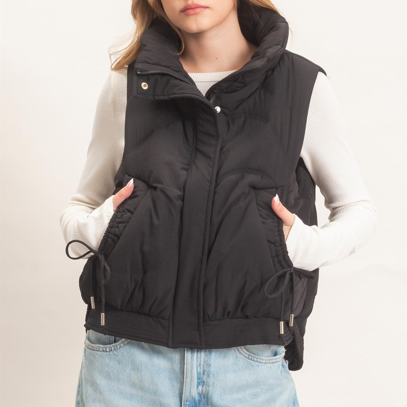 Wholesale Quilted Funnel Neck Puffer Vest Vests HF26F168 BLACK HYFVE