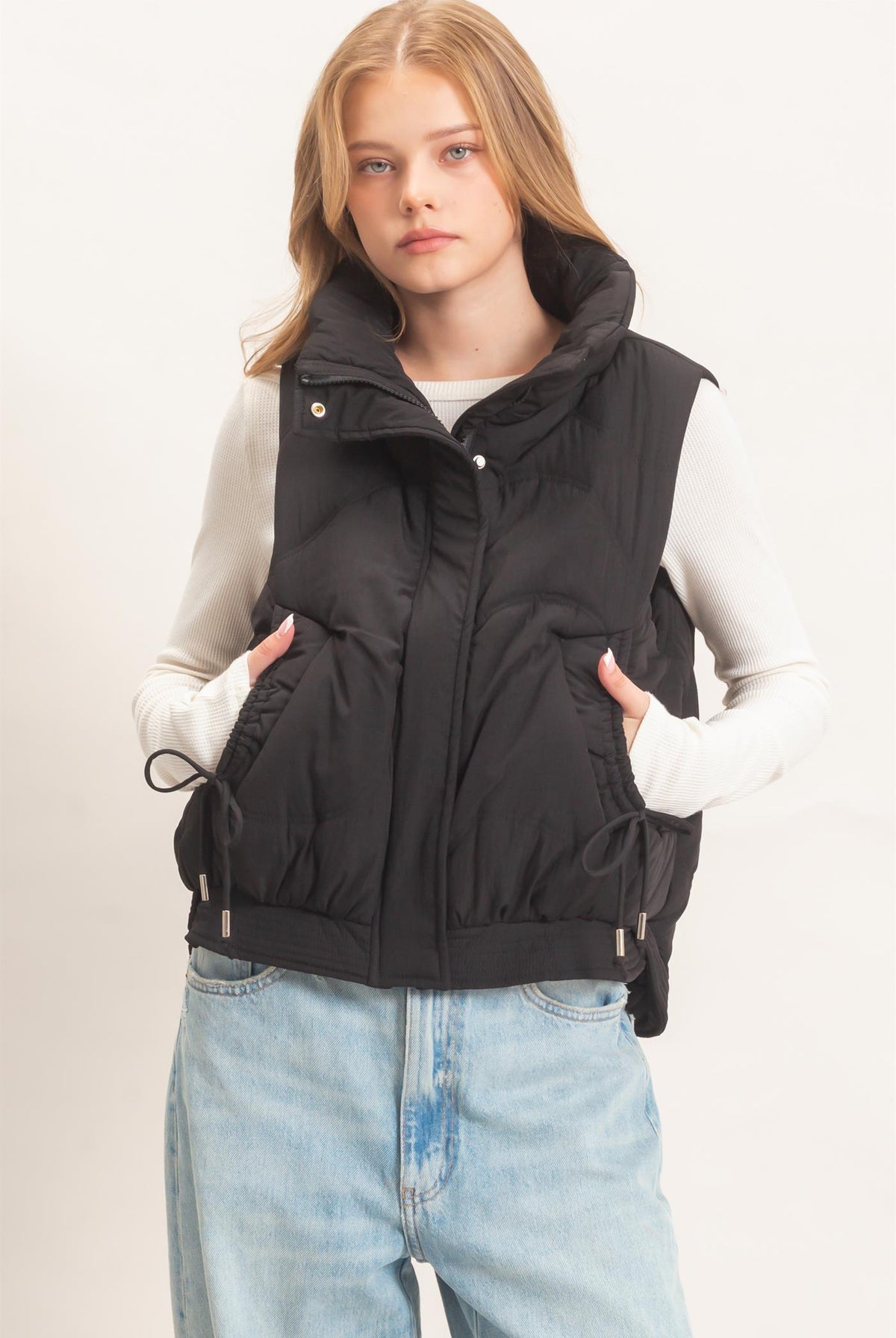 Wholesale Quilted Funnel Neck Puffer Vest Vests HF26F168 BLACK HYFVE