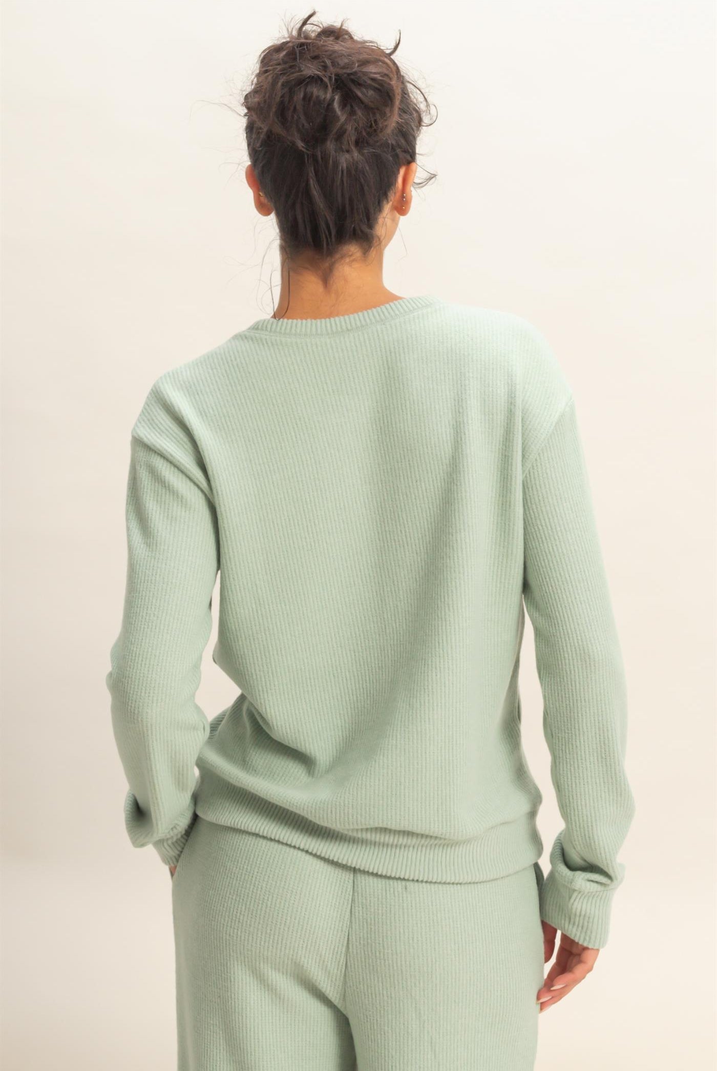Wholesale Brushed Waffle Crew Neck Long Sleeve Top Clothing Tops DZ26A177 SAGE GREEN DOUBLE ZERO