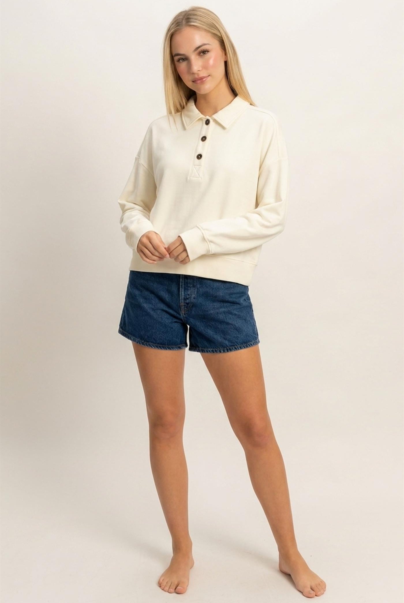 Wholesale Washed Button-Front Collared Sweatshirt Sweatshirts DZ26E390 CREAM DOUBLE ZERO