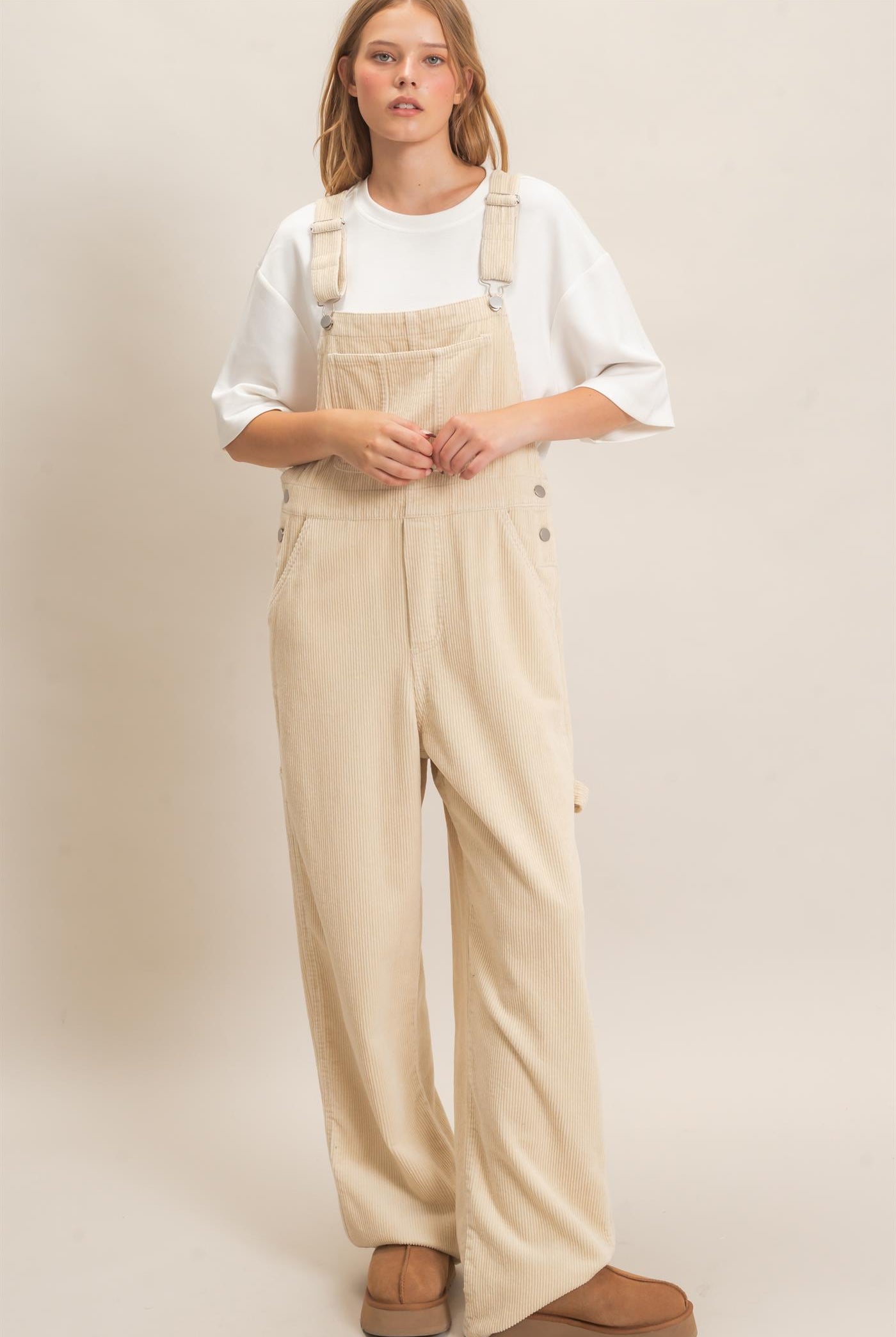Wholesale Mineral Wash Corduroy Overalls Clothing HF26F210-D BEIGE HYFVE