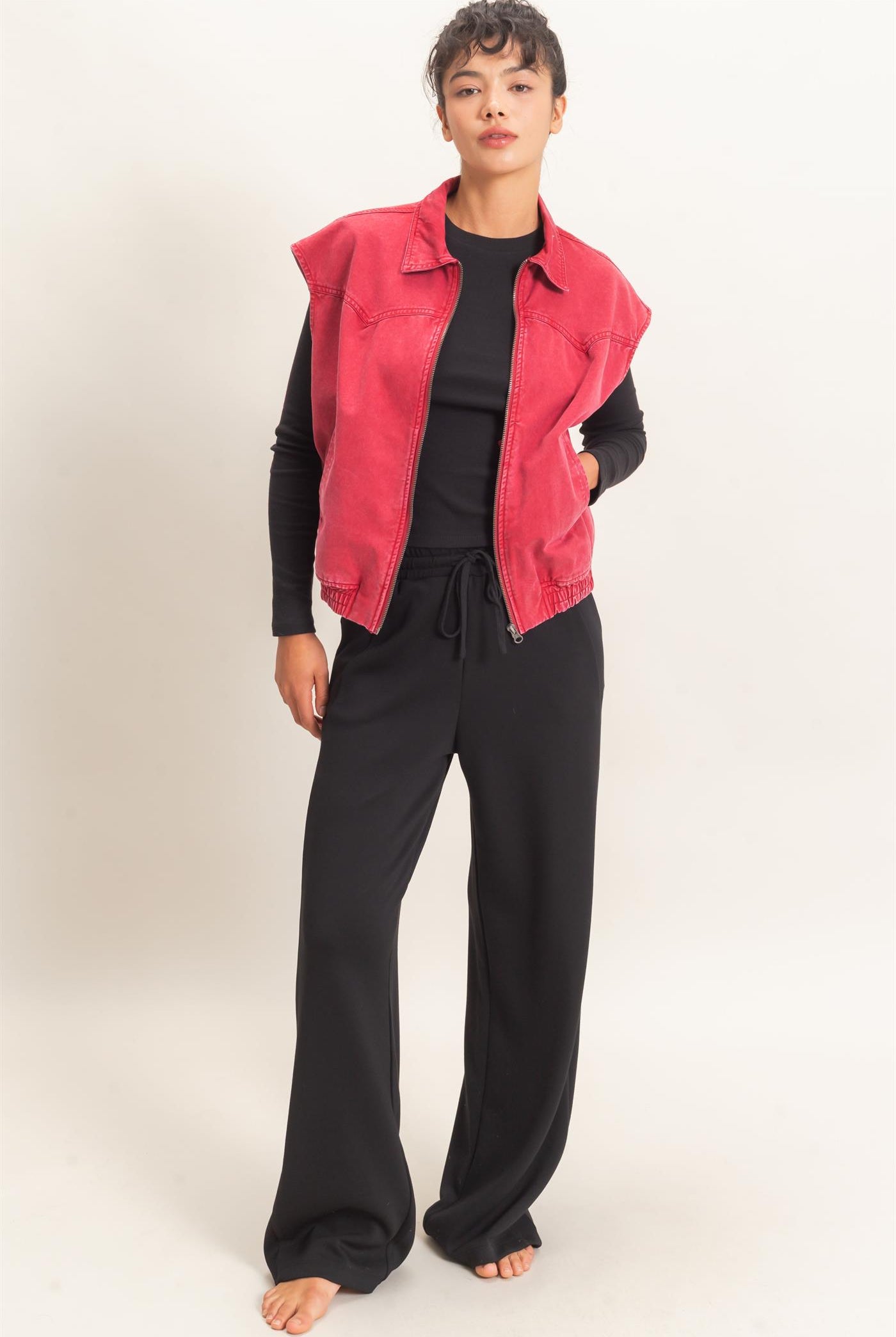 Wholesale Mineral Wash Sleeveless Zip-Up Collar Vest Vests DZ26E392 DARK RED DOUBLE ZERO