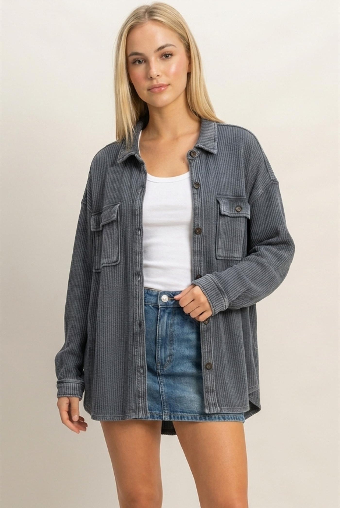 Wholesale Mineral Wash Waffle Knit Button-Up Shacket Coats & Jackets DZ26E249 DARK GRAY DOUBLE ZERO