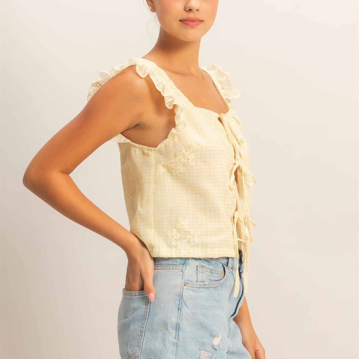 Wholesale Embroidered Gingham Tie Front Top Clothing HF26A501 YELLOW HYFVE