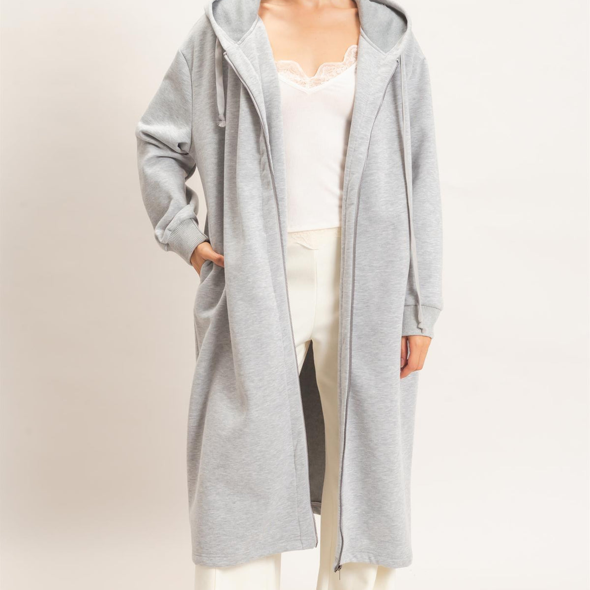 Wholesale Oversized Longline Zip-Up Hoodie Jacket Outerwear HF26E650 HEATHER GRAY HYFVE