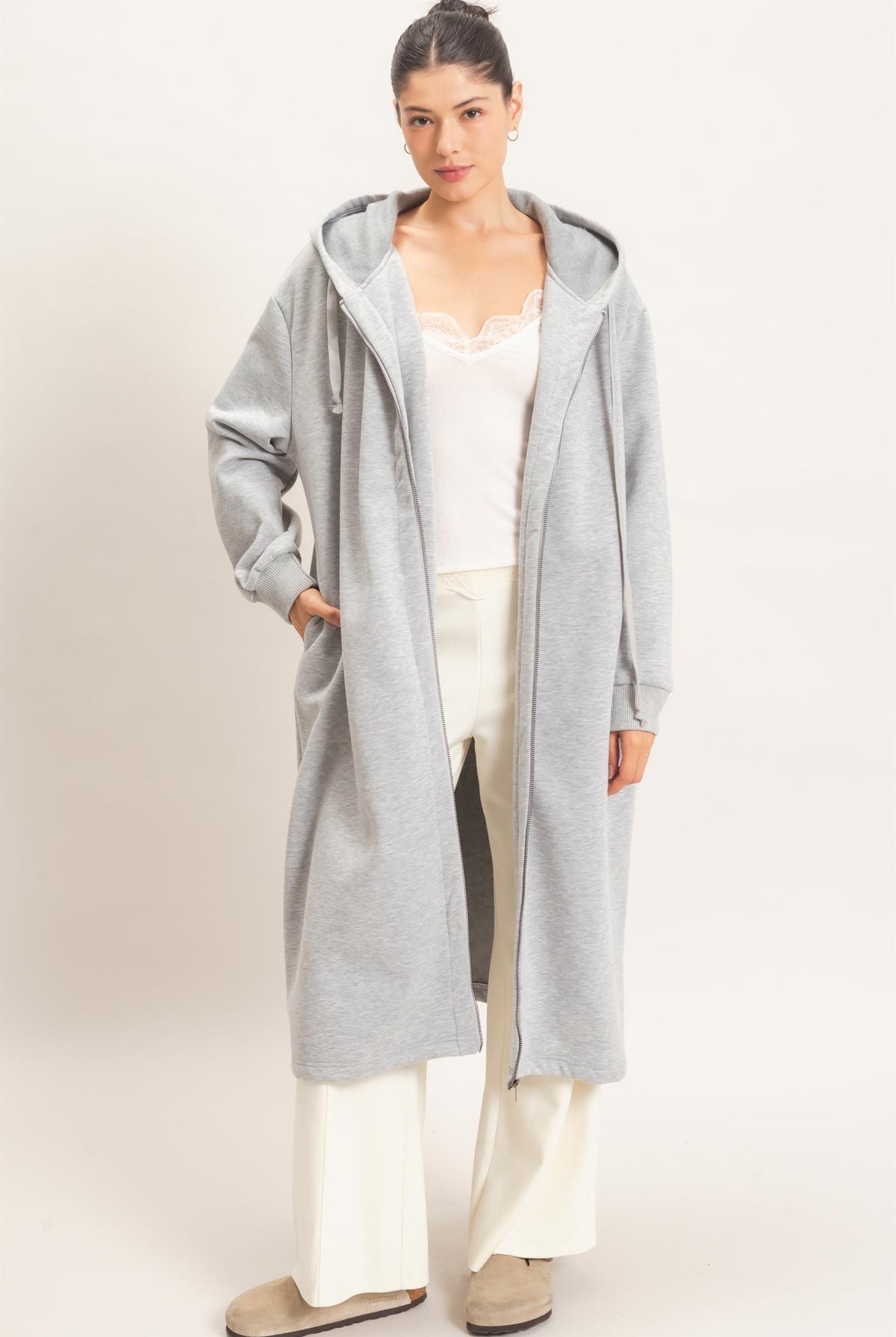 Wholesale Oversized Longline Zip-Up Hoodie Jacket Outerwear HF26E650 HEATHER GRAY HYFVE