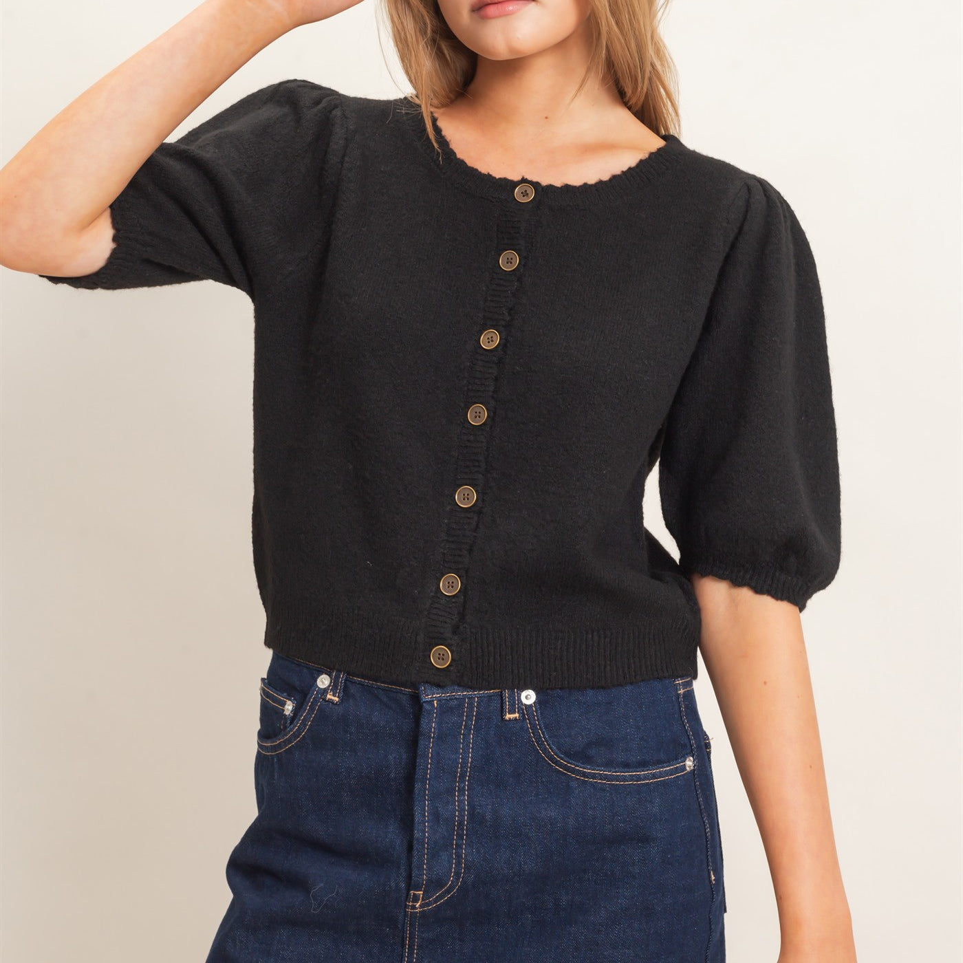 Wholesale Button-Up Puff Sleeve Sweater Cardigan Cardigans HF26E165 BLACK HYFVE