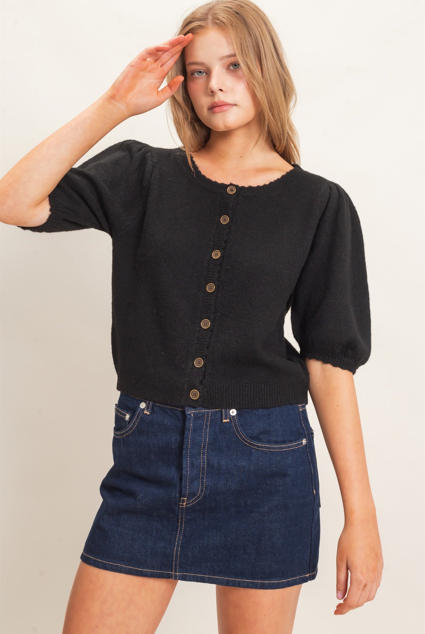 Wholesale Button-Up Puff Sleeve Sweater Cardigan Cardigans HF26E165 BLACK HYFVE