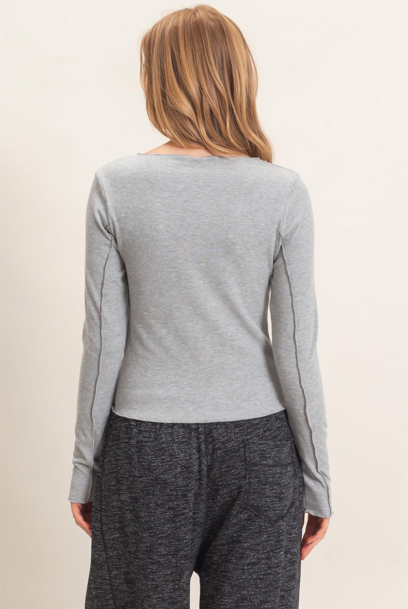 Wholesale Ruffled Ribbed Long Sleeve Top Clothing Tops HF26F085 HEATHER GRAY HYFVE
