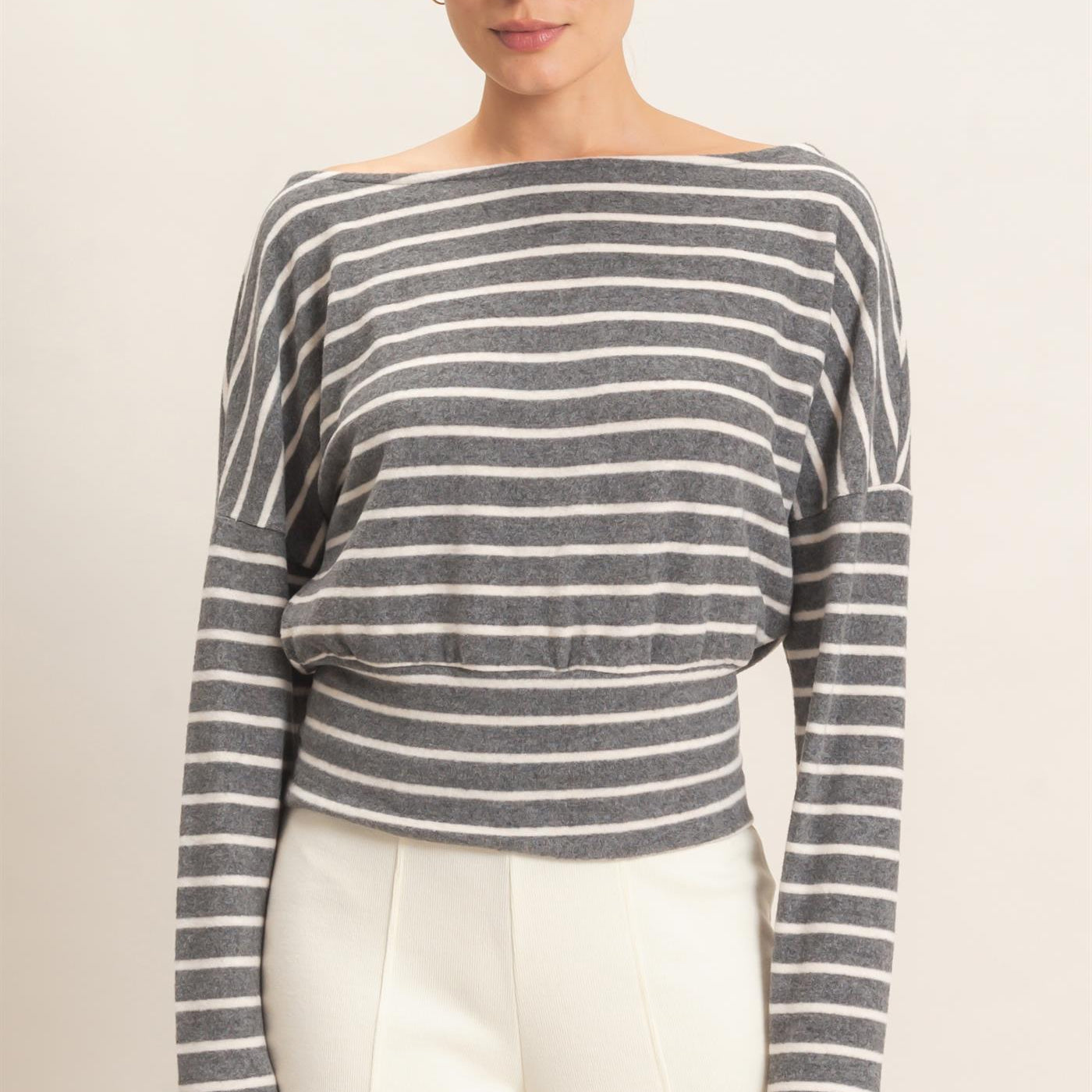 Wholesale Striped Off Shoulder Top T-Shirts HF26E953 GRAY HYFVE