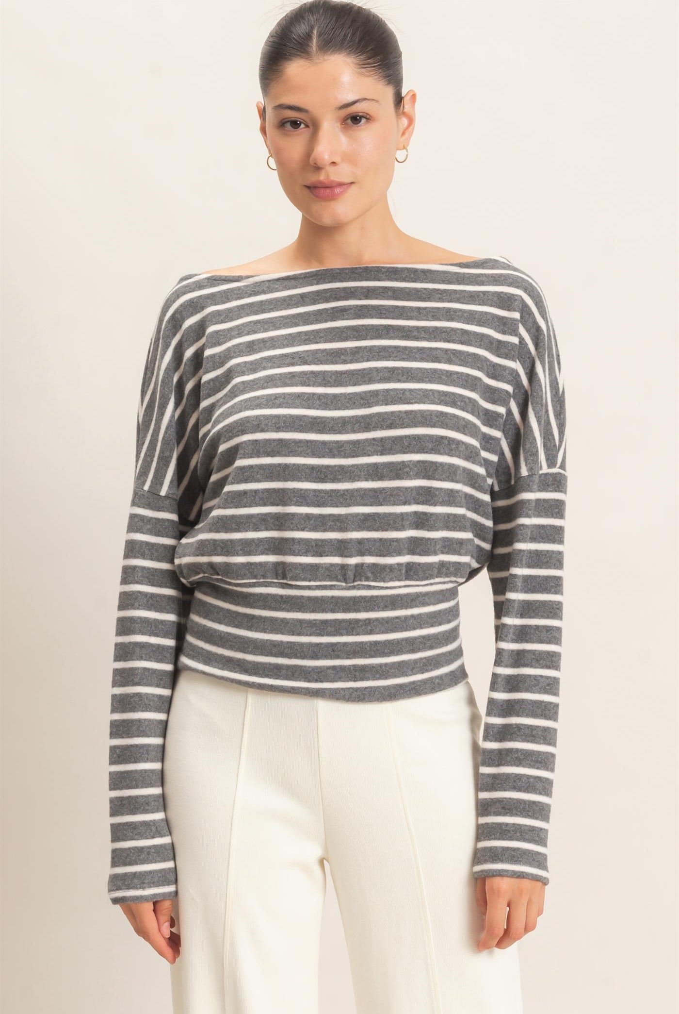 Wholesale Striped Off Shoulder Top T-Shirts HF26E953 GRAY HYFVE