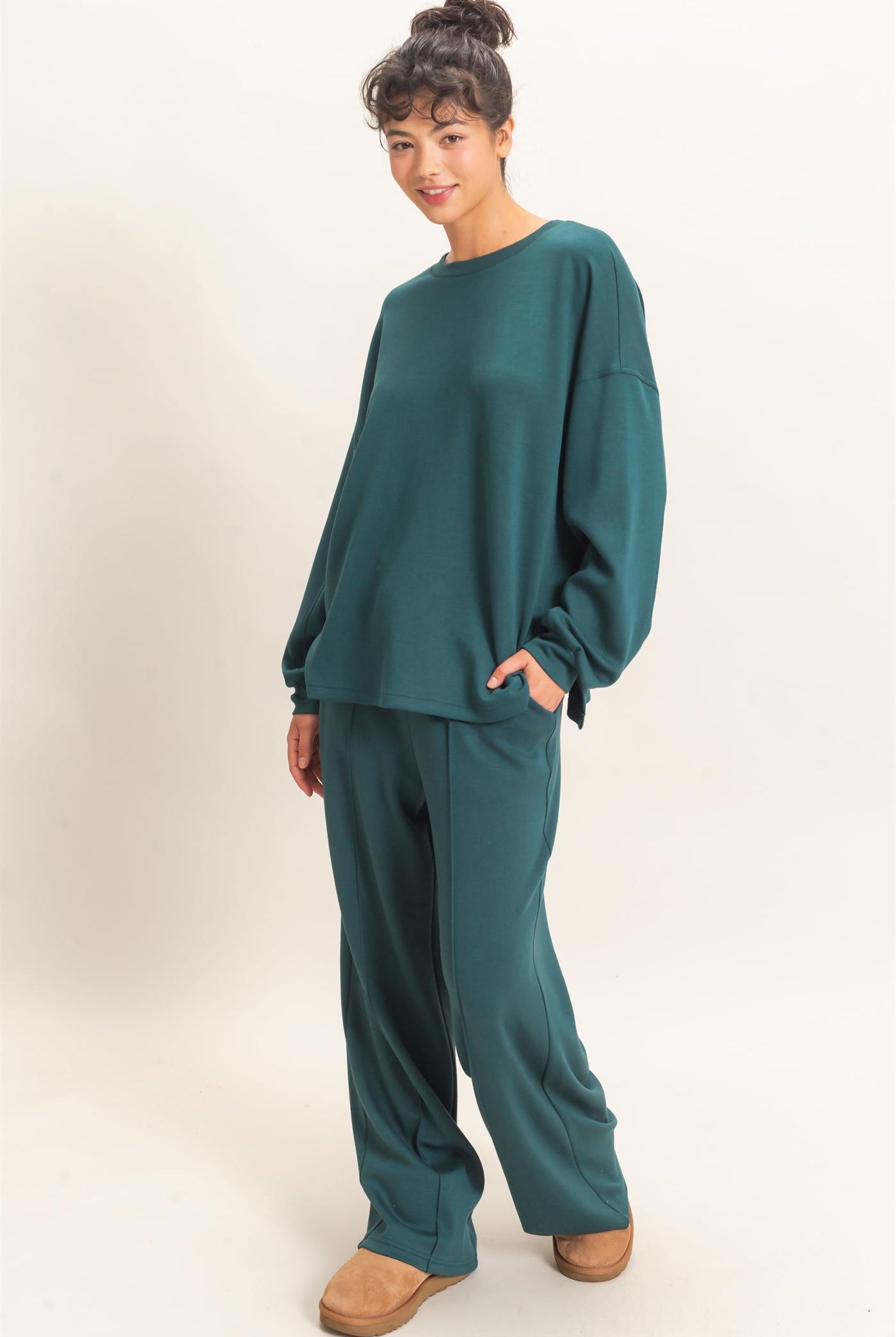 Wholesale Oversized Crew Neck Top Sweatshirts DZ26E388 DEEP GREEN DOUBLE ZERO