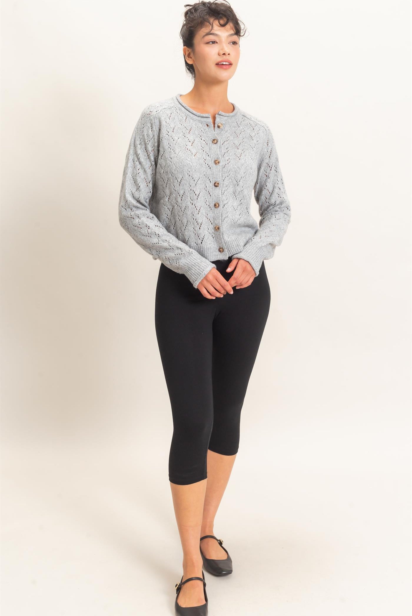 Wholesale Pointelle Knit Button Front Cardigan Cardigans DZ26C978 HEATHER GRAY DOUBLE ZERO