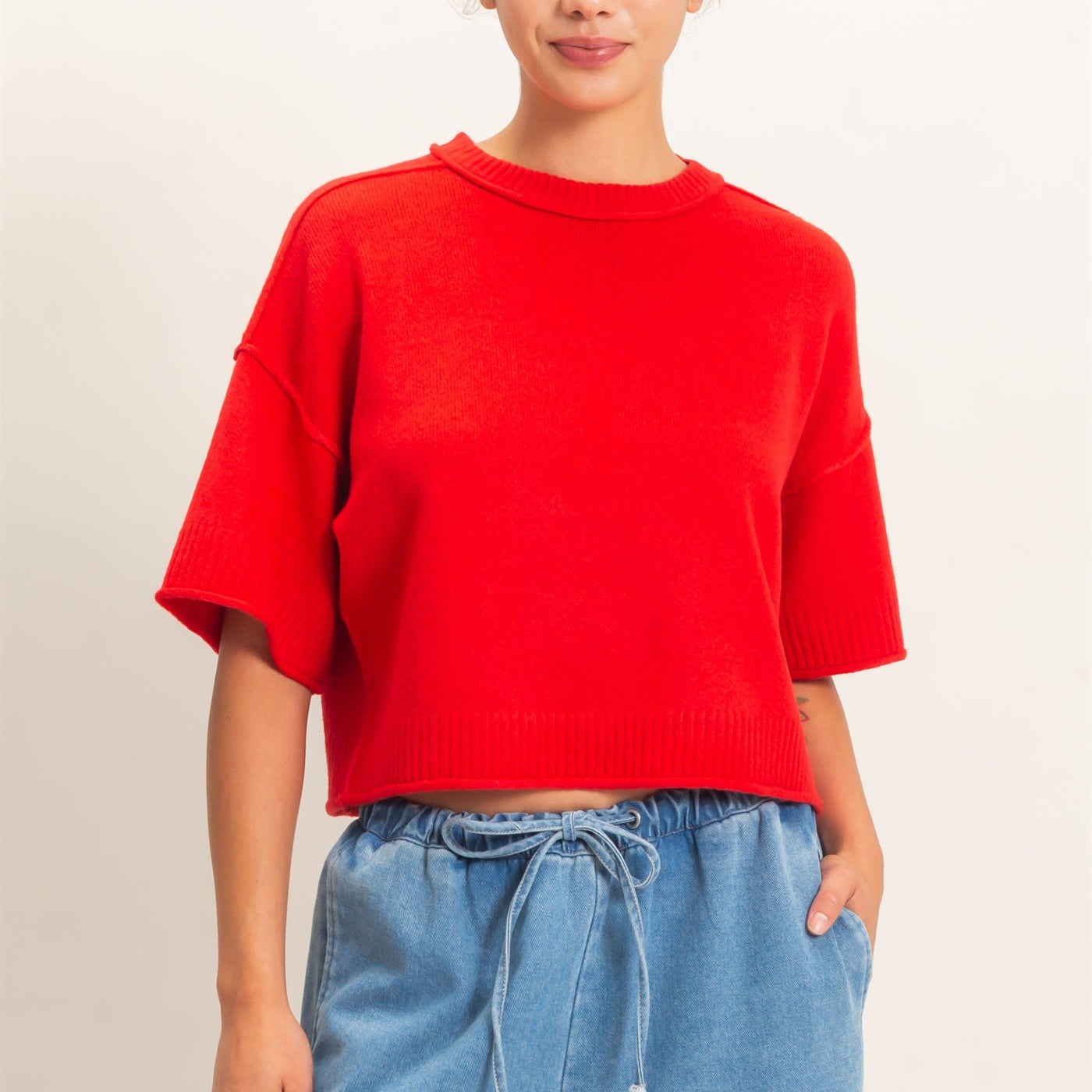 Wholesale Seam Detail Short Sleeve Knit Top Clothing Tops DZ26A827 RED DOUBLE ZERO