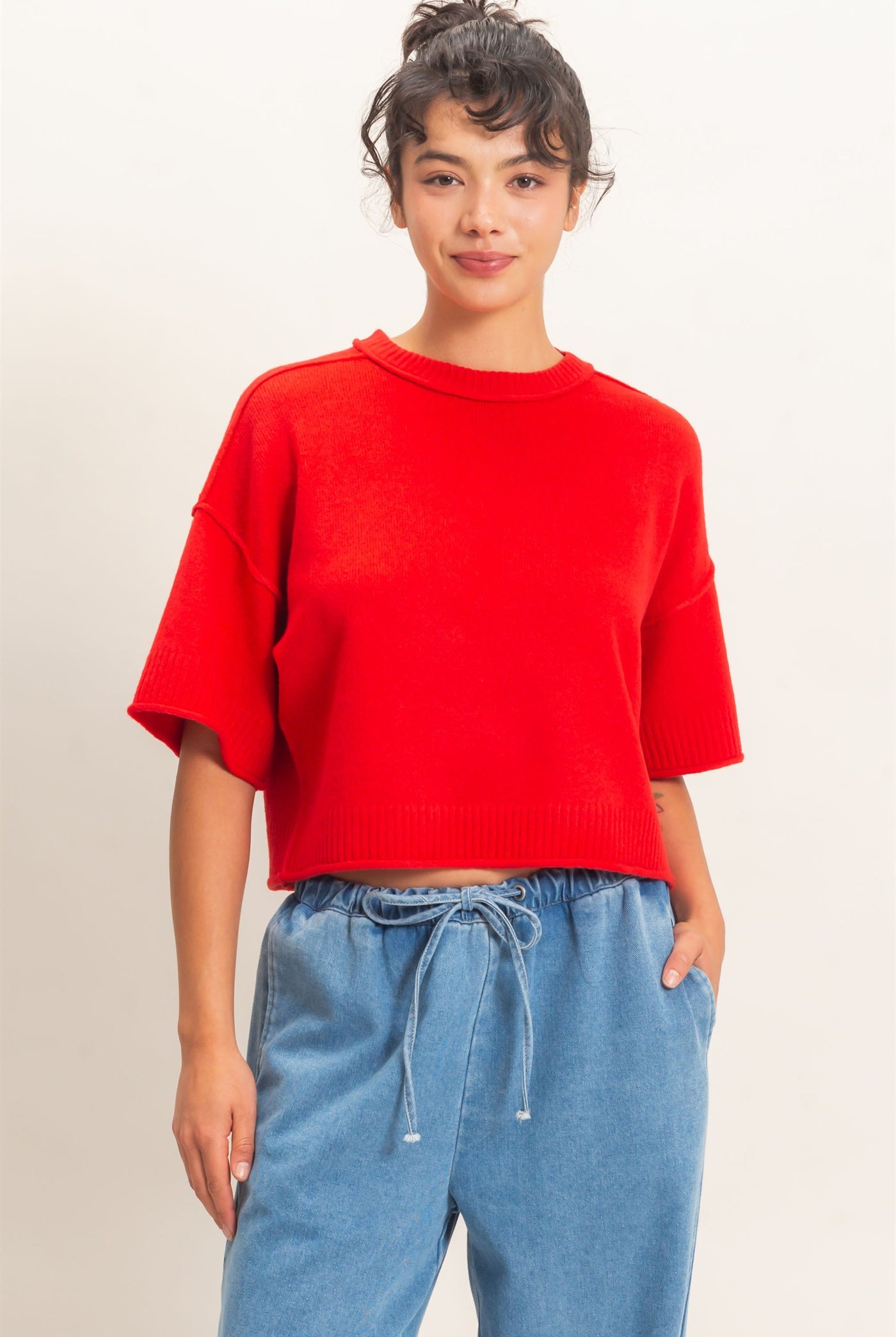 Wholesale Seam Detail Short Sleeve Knit Top Clothing Tops DZ26A827 RED DOUBLE ZERO