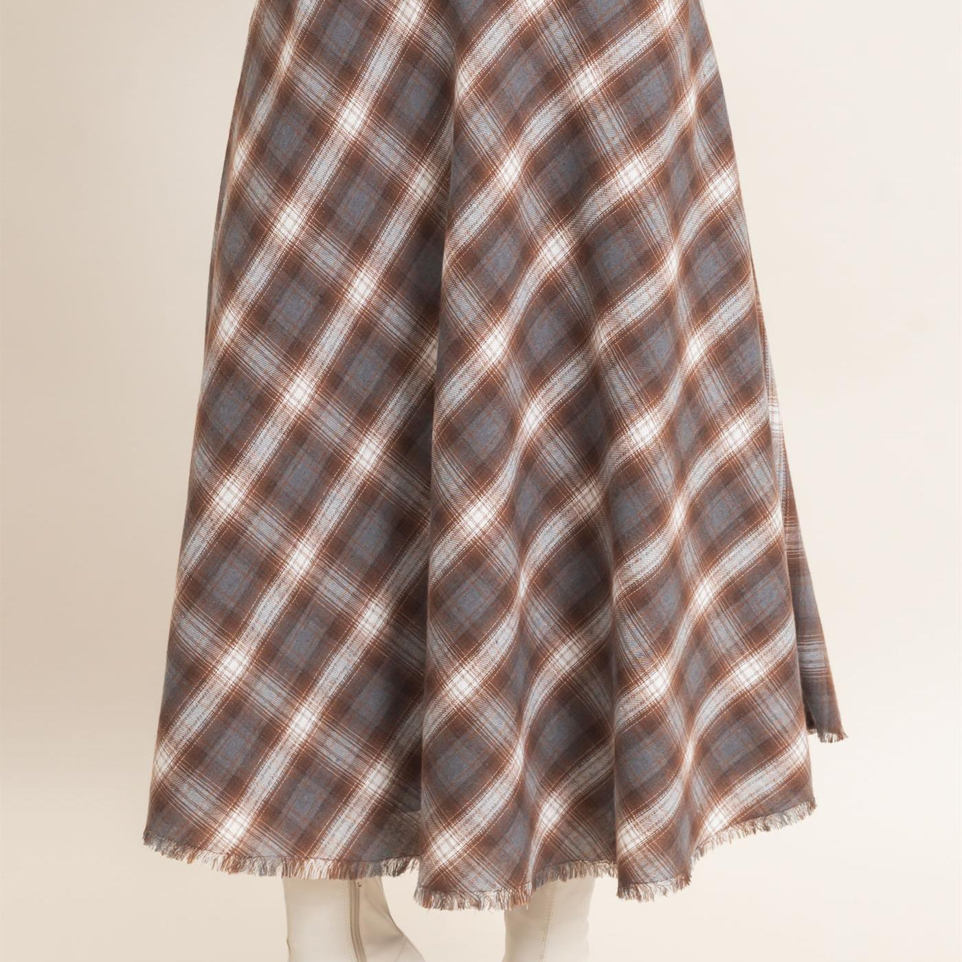 Wholesale A-Line Plaid Frayed Hem Skirt Skirts HF26E972 BROWN HYFVE