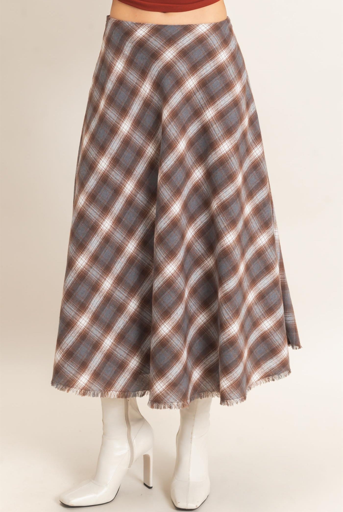 Wholesale A-Line Plaid Frayed Hem Skirt Skirts HF26E972 BROWN HYFVE