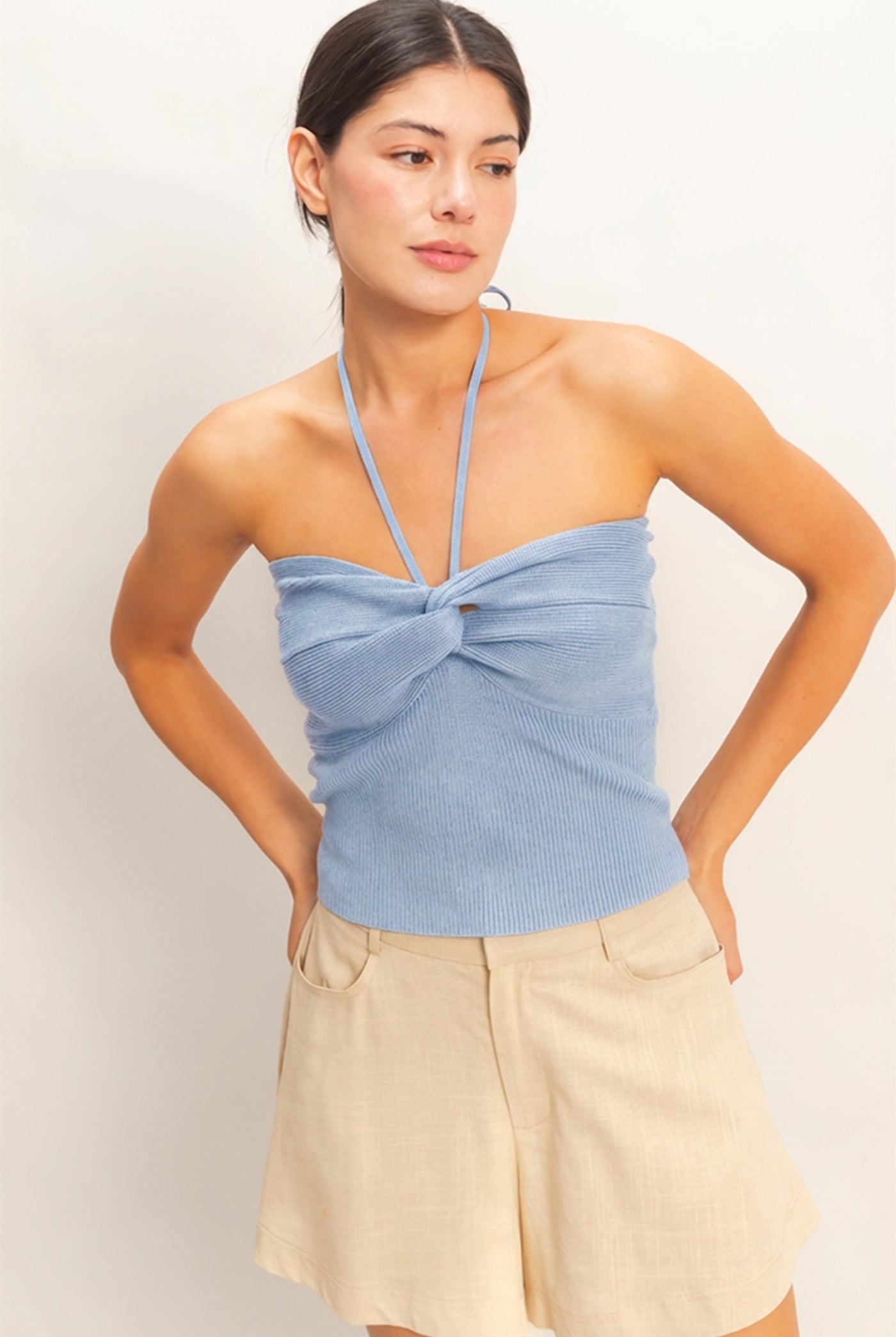 Wholesale Ribbed Halter Top With Twist Clothing Tops HF26A299 L.BLUE HYFVE