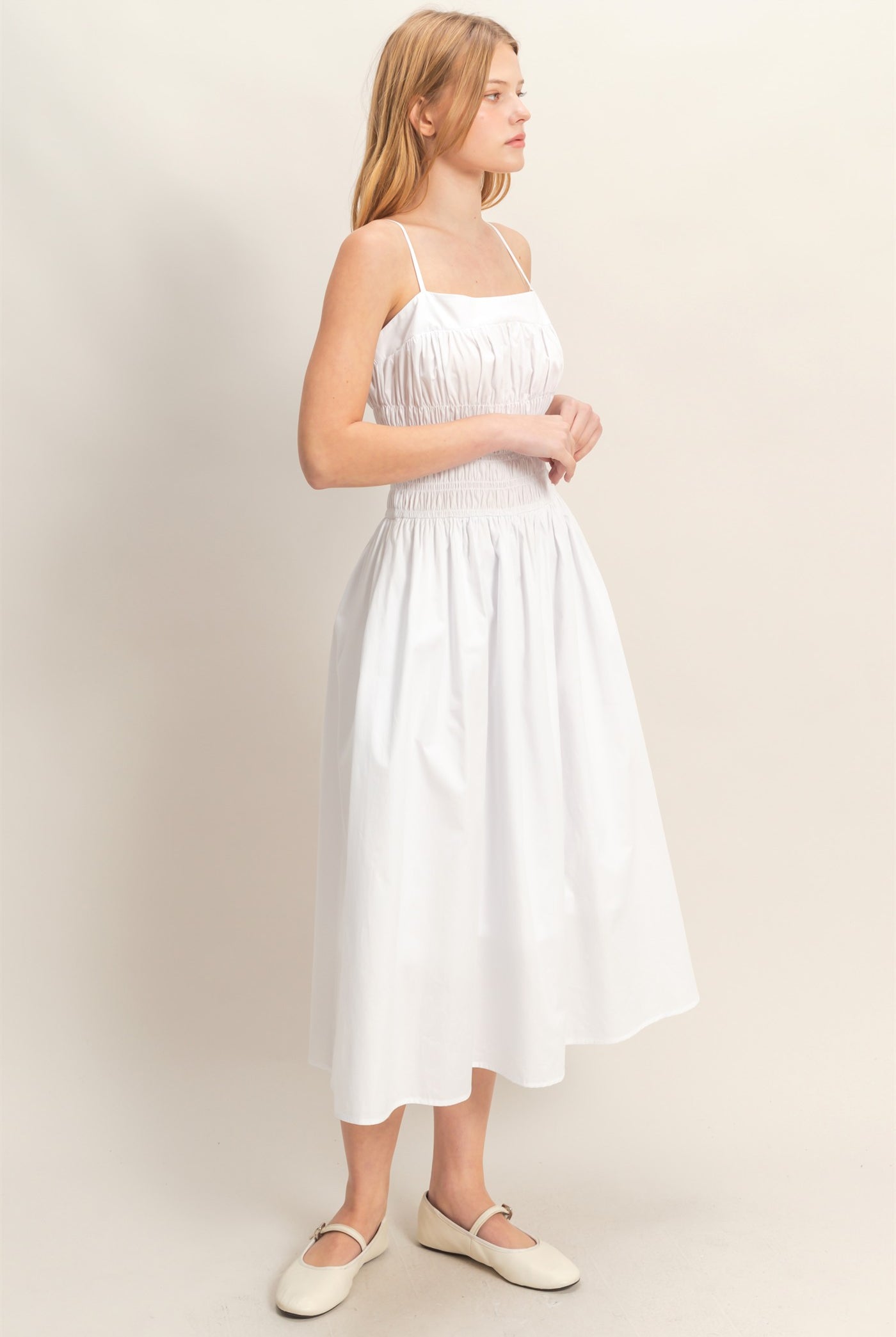 Wholesale Smocked Strapped Midi Dress Dresses HF26A624 WHITE HYFVE