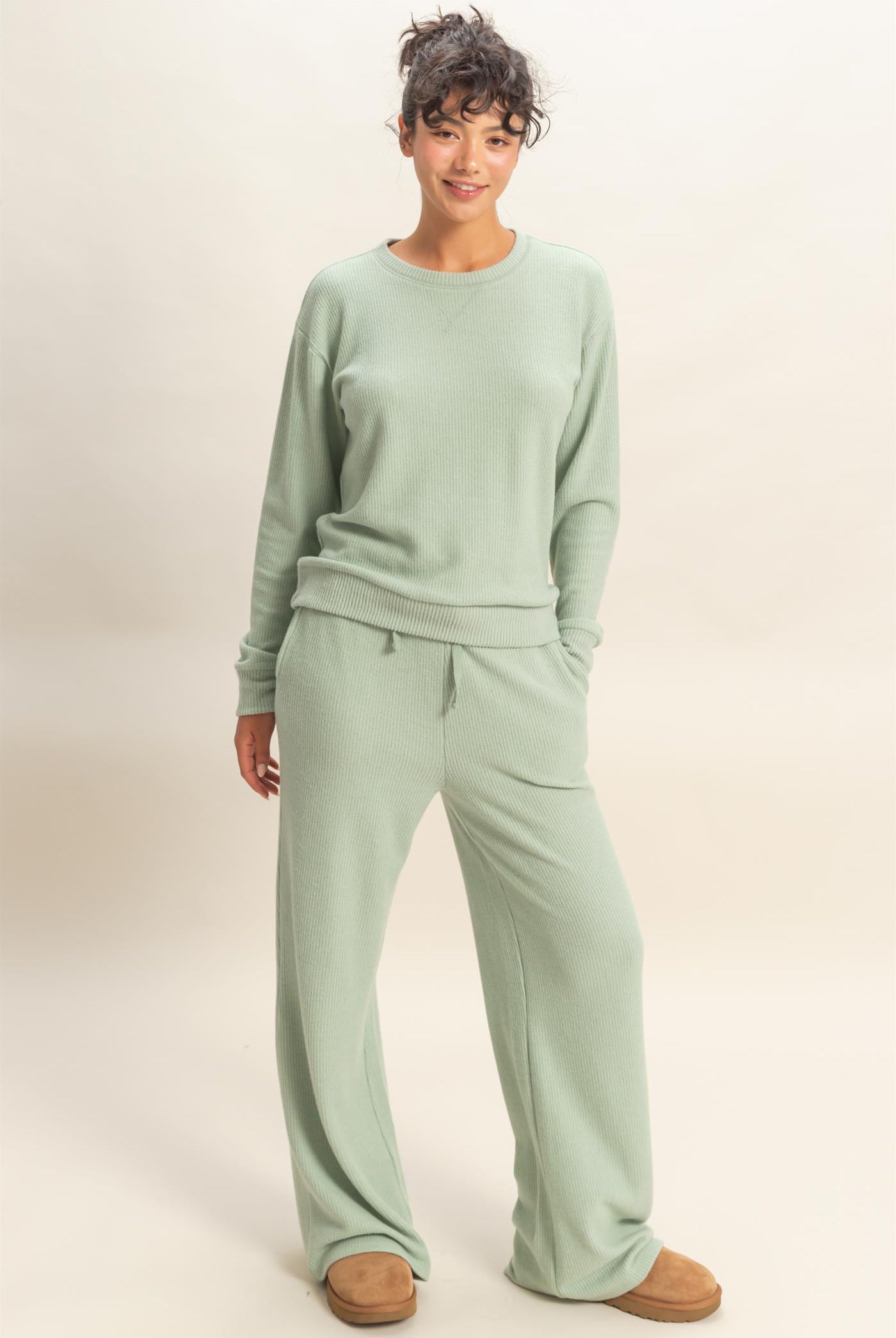 Wholesale Brushed Waffle Crew Neck Long Sleeve Top Clothing Tops DZ26A177 SAGE GREEN DOUBLE ZERO