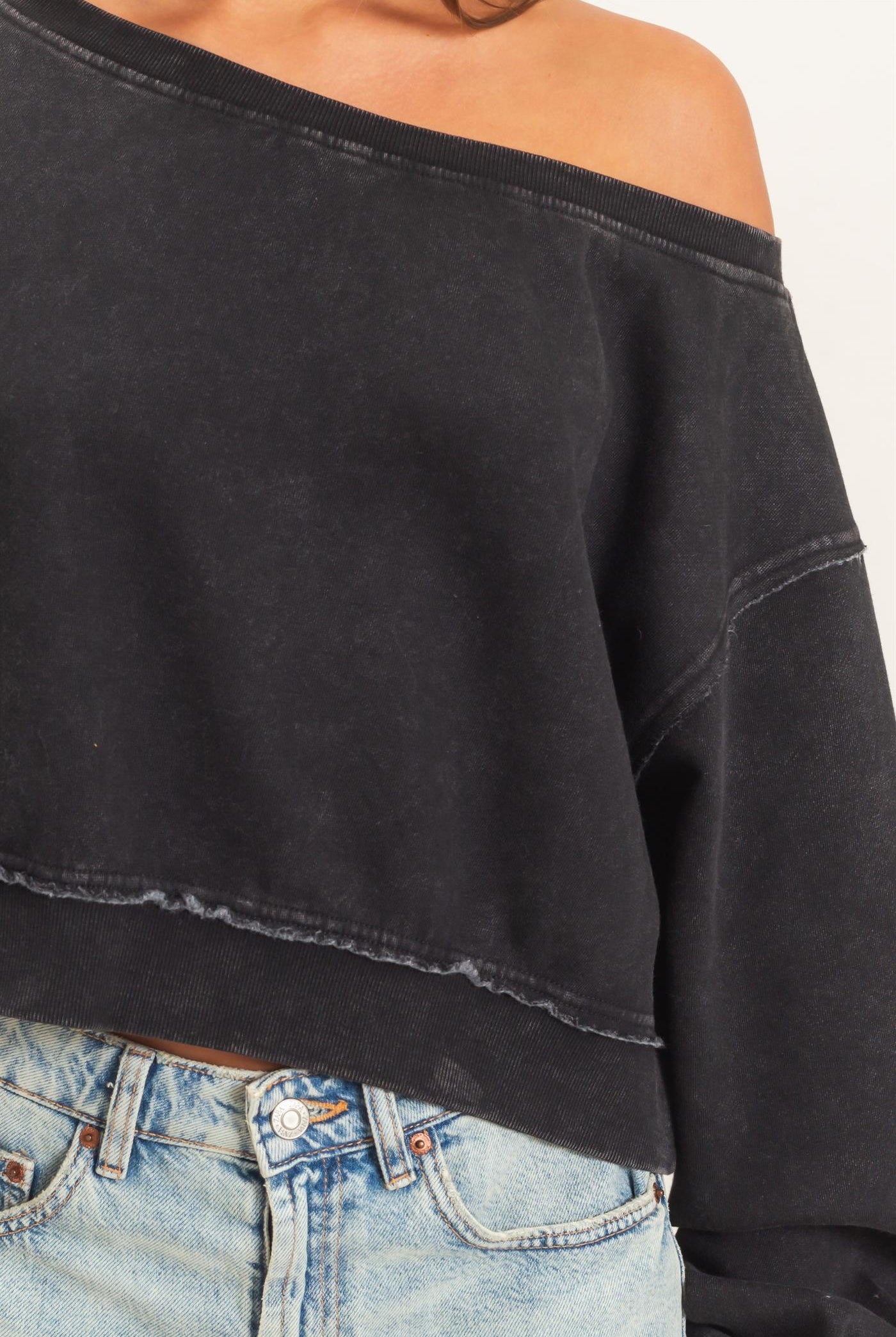 Wholesale Raw Edge Acid Wash Off The Shoulder Sweatshirt Sweatshirts DZ26F013 BLACK DOUBLE ZERO