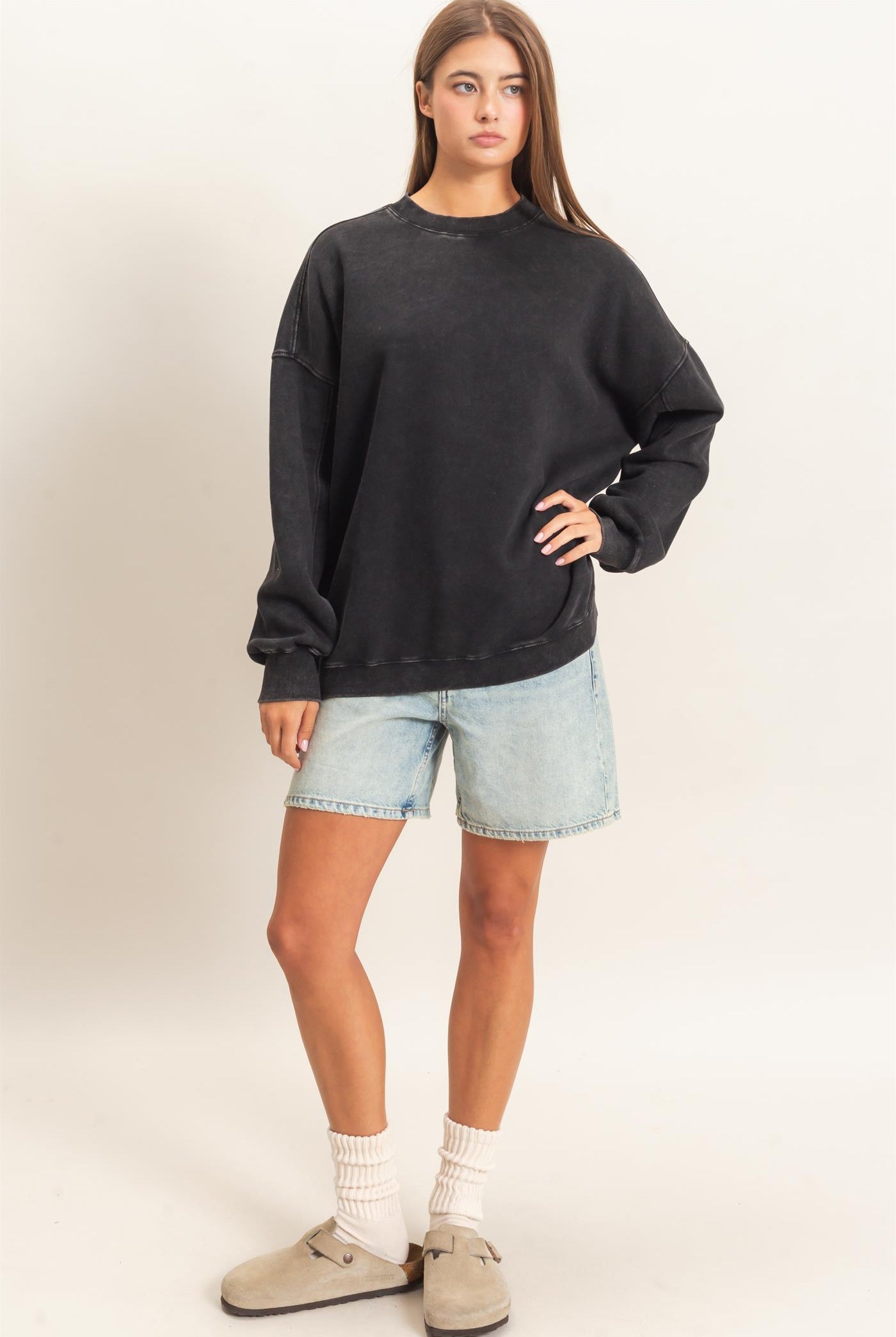 Wholesale Acid Wash Crew Neck Long Sleeve Sweatshirt Sweatshirts DZ26E268 BLACK DOUBLE ZERO