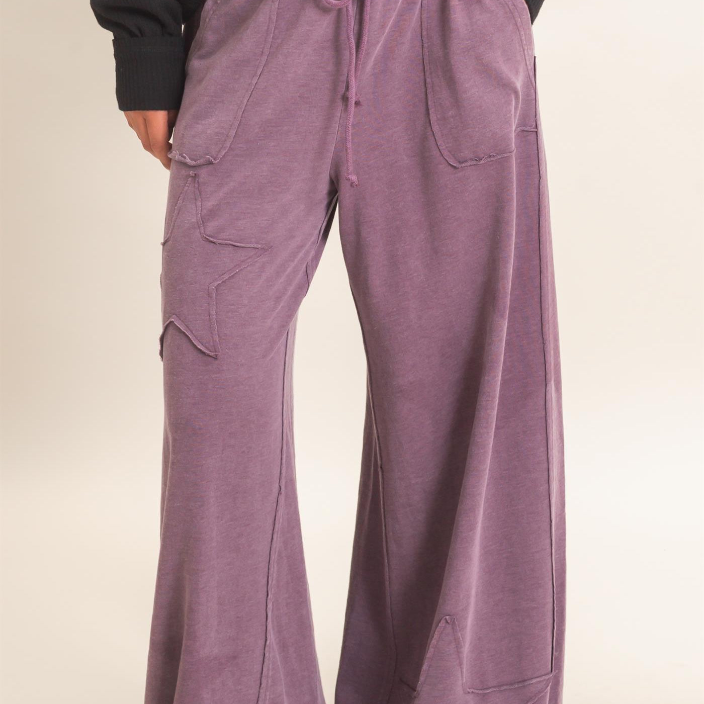 Wholesale Mineral Wash Star Patch And Print Wide Leg Pants Pants DZ26F060 DARK CHERRY DOUBLE ZERO