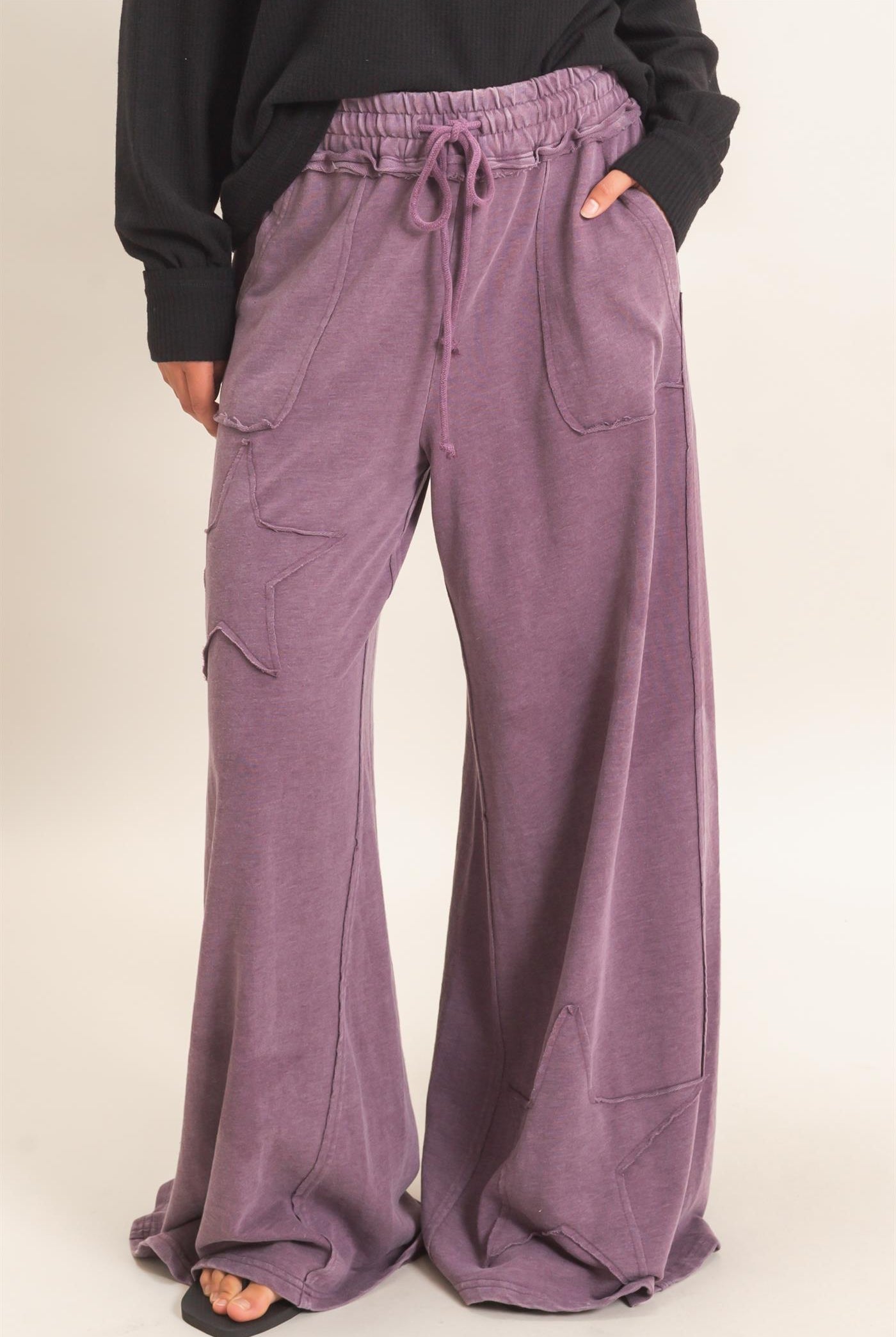 Wholesale Mineral Wash Star Patch And Print Wide Leg Pants Pants DZ26F060 DARK CHERRY DOUBLE ZERO