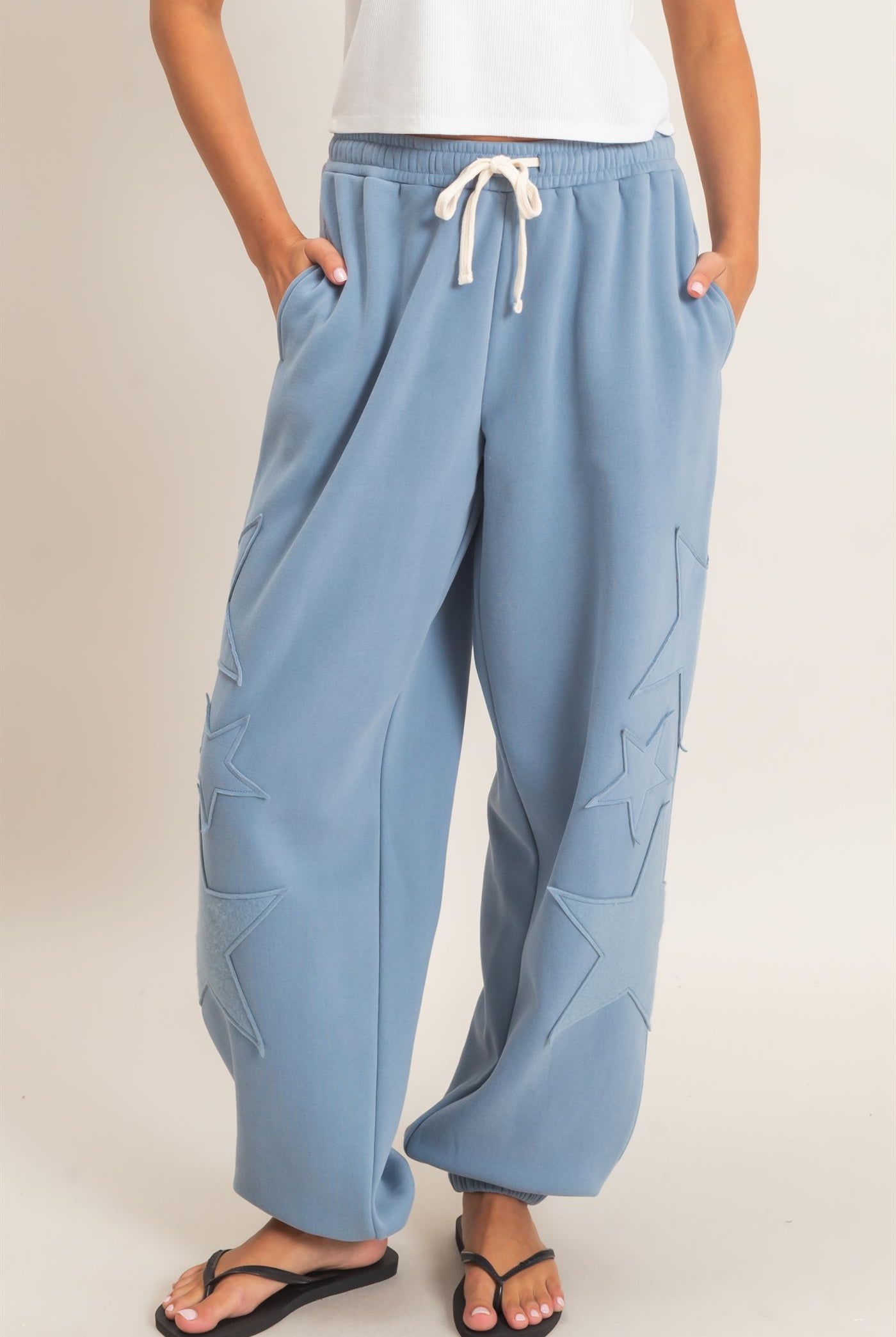 Wholesale Star Patch Jogger Pants Joggers DZ26E889 DUSTY BLUE DOUBLE ZERO
