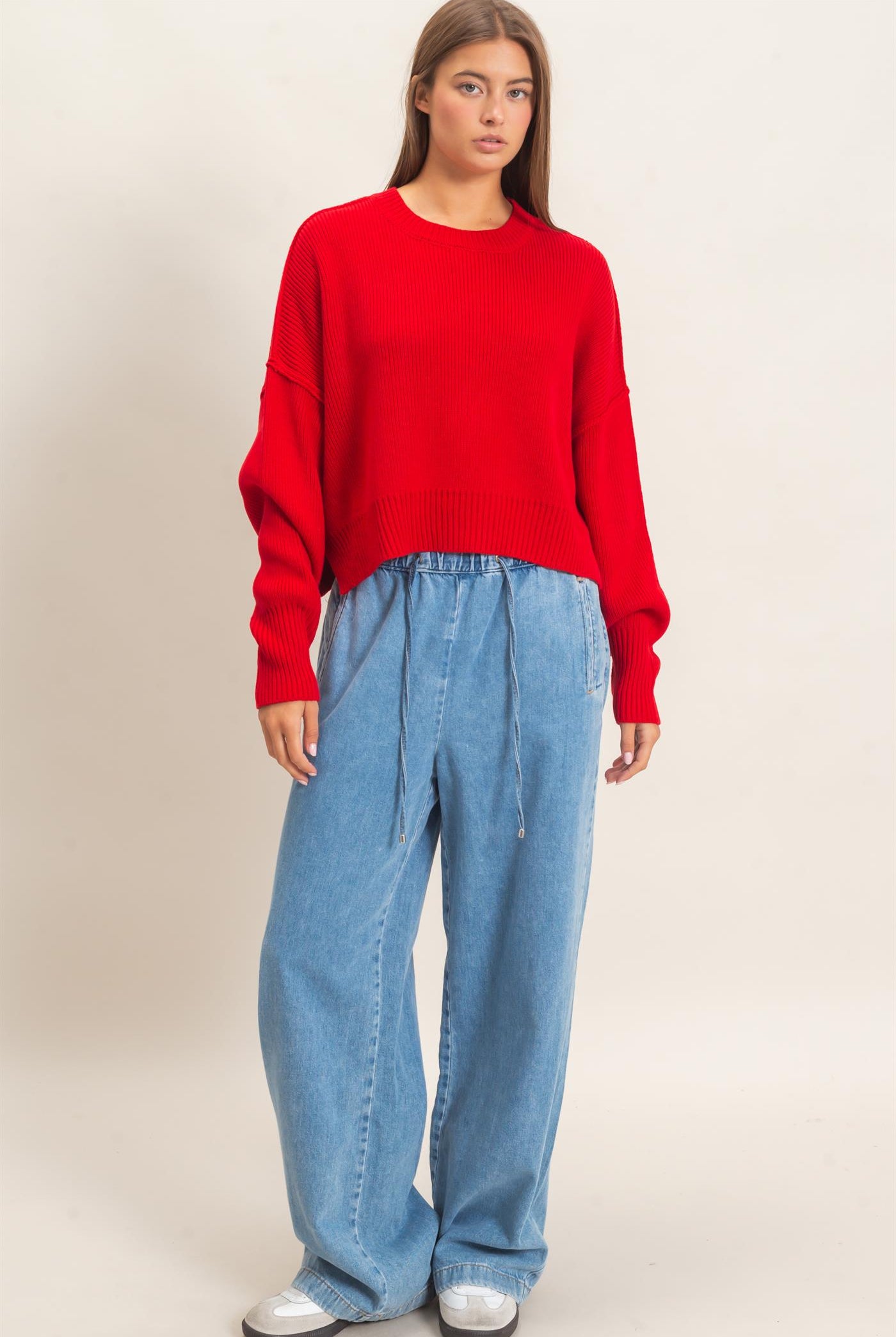 Wholesale Ribbed Drop Shoulder Sweater Sweaters DZ26C982 RED DOUBLE ZERO