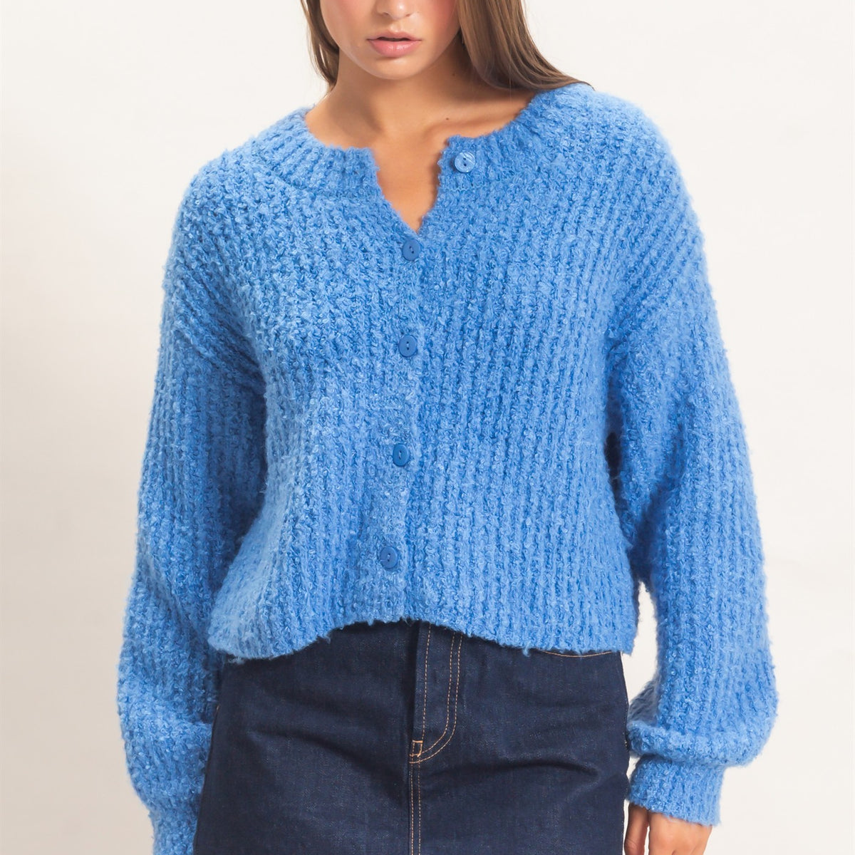 Wholesale Boucle Knit Button Front Cardigan Cardigans DZ26E270 BLUE DOUBLE ZERO