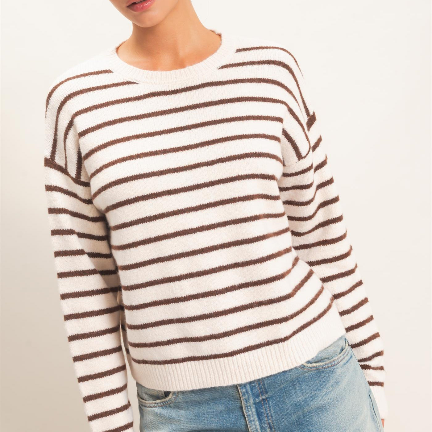 Wholesale Striped Crew Neck Sweater Sweaters DZ26C612 BROWN DOUBLE ZERO
