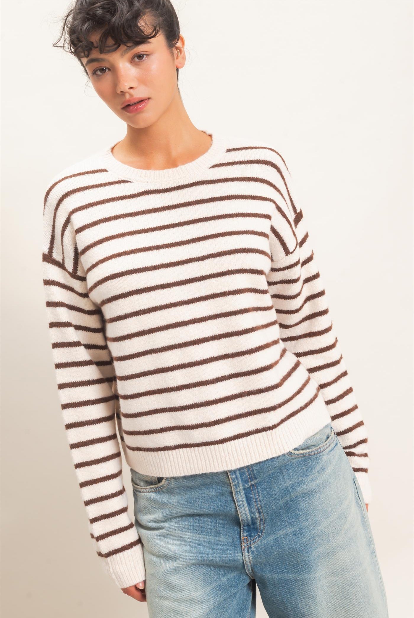 Wholesale Striped Crew Neck Sweater Sweaters DZ26C612 BROWN DOUBLE ZERO