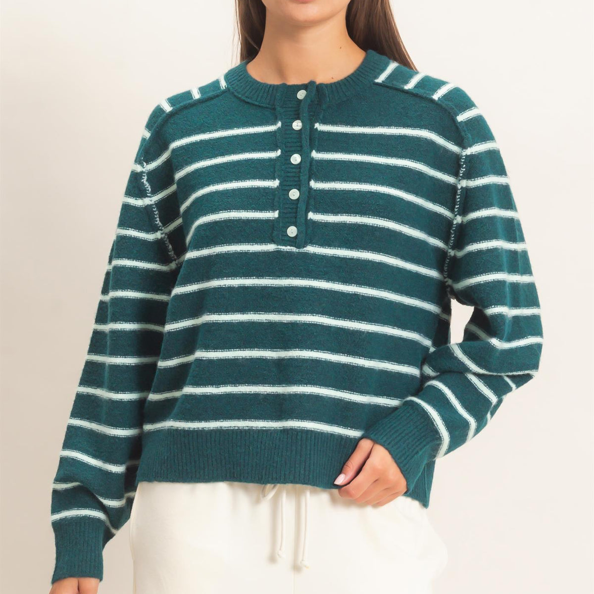 Wholesale Stripe Henley Sweater Sweaters DZ26F002 DARK GREEN DOUBLE ZERO