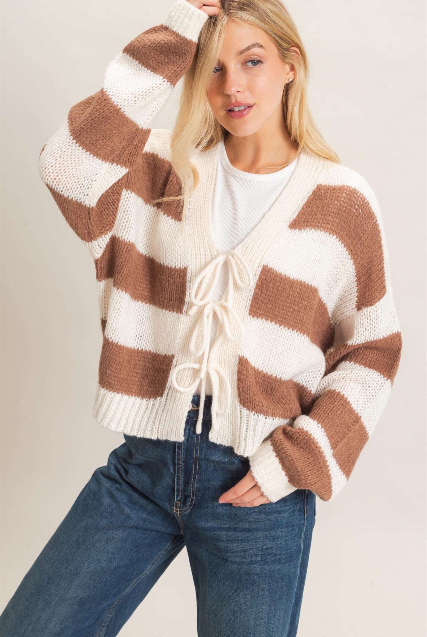 Wholesale Striped V-Neck Sweater Cardigan Cardigans HF26E959 BROWN HYFVE