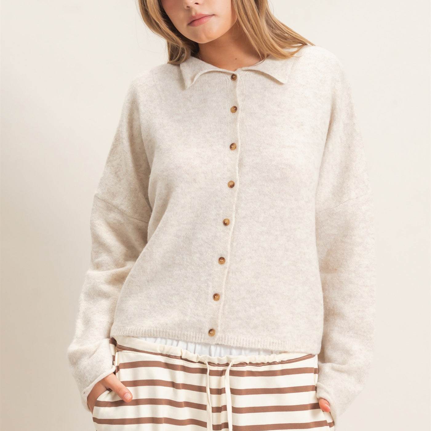Wholesale Button-Up Collared Sweater Cardigan Cardigans HF26E039 OATMEAL HYFVE