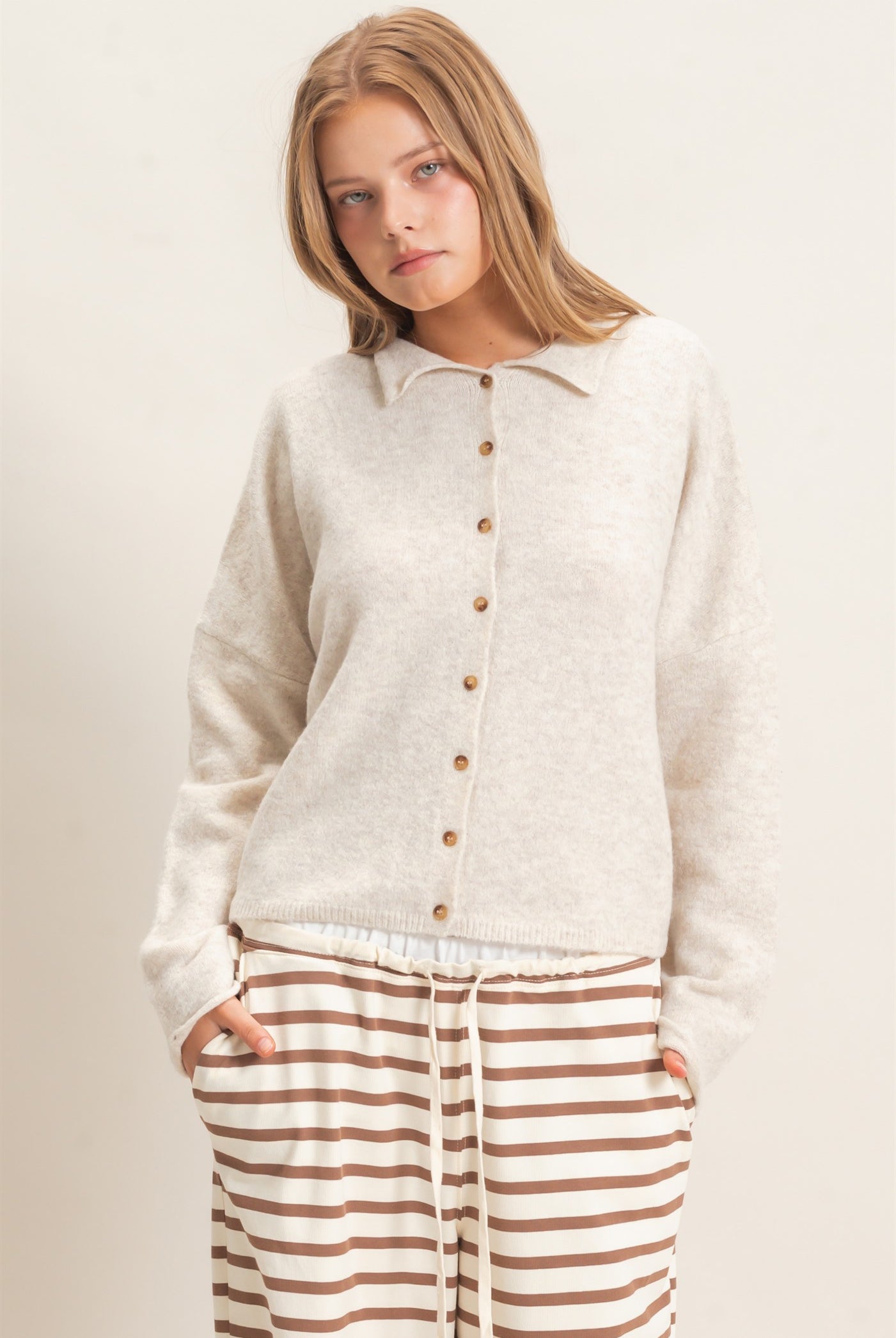 Wholesale Button-Up Collared Sweater Cardigan Cardigans HF26E039 OATMEAL HYFVE