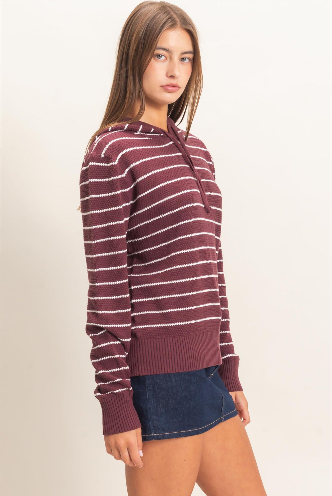 Wholesale Striped Hooded Sweater Hoodies DZ26C972 DARK CHERRY DOUBLE ZERO