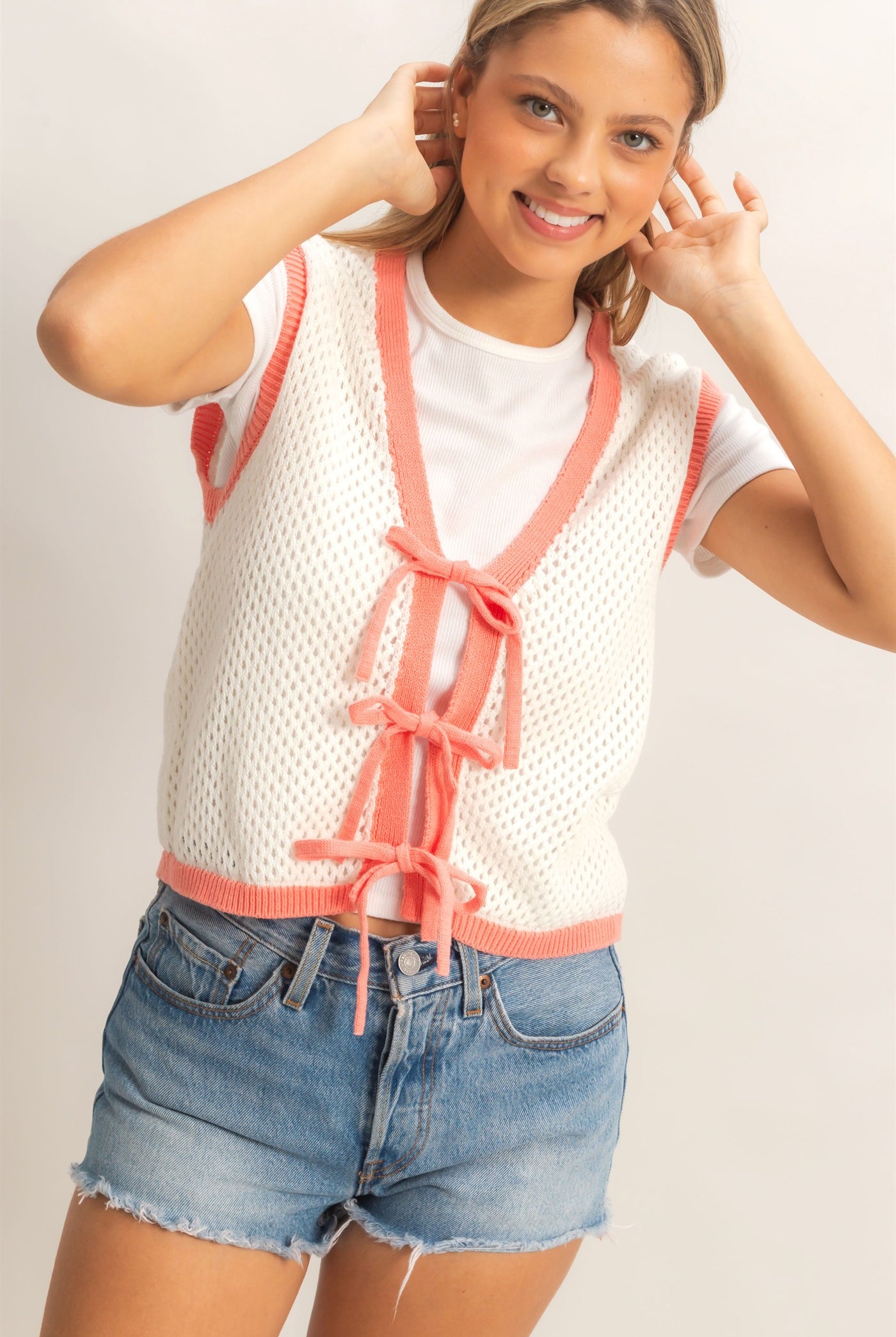 Wholesale Knit Vest With Tie Closure Sweaters HF26A238 IVORY/CORAL HYFVE