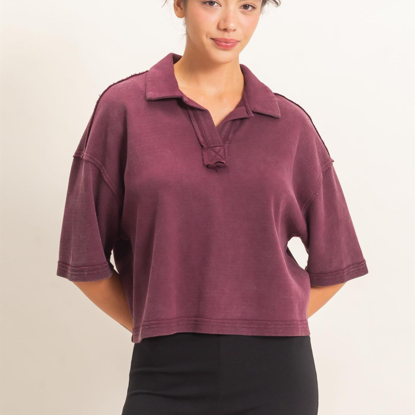 Wholesale Mineral Wash Oversized Collar Short Sleeve Top Clothing Tops DZ26E813 DARK CHERRY DOUBLE ZERO